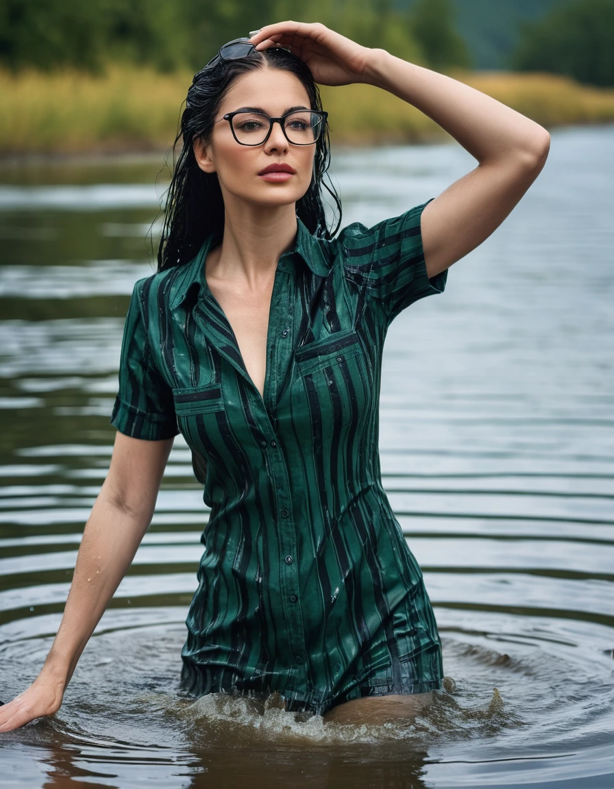 photo of young woman, in soaking wet, drenched clothes,
office shoes , long tight blue jeans, dark green & black striped t-shirt dress with short sleeves, walking in sunny deep lake, 
enjoying, wet clothes stuck to body,
detailed textures of the wet clothes, wet face, wet plastered hair,
wet, drenched, professional, high-quality details, full body view.
sharp focus, ultra-high pixel detail, realistic, high-quality, full colors, incredibly detailed, 4k, 8k, 16k, hyper-realistic, RAW photo, masterpiece, ultra-detailed, professionally color graded, professional photograph, woman 51 years old, long black hair, very big and thick lips, office glasses, complete body, open mouth, hands in the air, dry skin, dry clothes, dry fabric