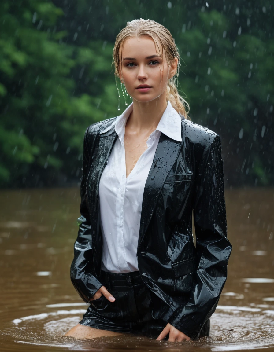photo of young woman, in soaking wet, drenched clothes,
Black Long Business Trouser, Black Business Suit Jacket with white button down business shirt longsleeve, Clear Mountain lake with heavy rain, 
enjoying, wet clothes stuck to body,
detailed textures of the wet clothes, wet face, wet plastered hair,
wet, drenched, professional, high-quality details, full body view.
sharp focus, ultra-high pixel detail, realistic, high-quality, full colors, incredibly detailed, 4k, 8k, 16k, hyper-realistic, RAW photo, masterpiece, ultra-detailed, professionally color graded, professional photograph, young elegant beautiful white Blonde women, breast deep submerged, under a big rainshower, fully clothed, completely soaked, fully drenched, completely wet, wetlook, heavy rain, side parting, long hair, rain storm, looks confidently into camera, dry skin, dry clothes, dry fabric