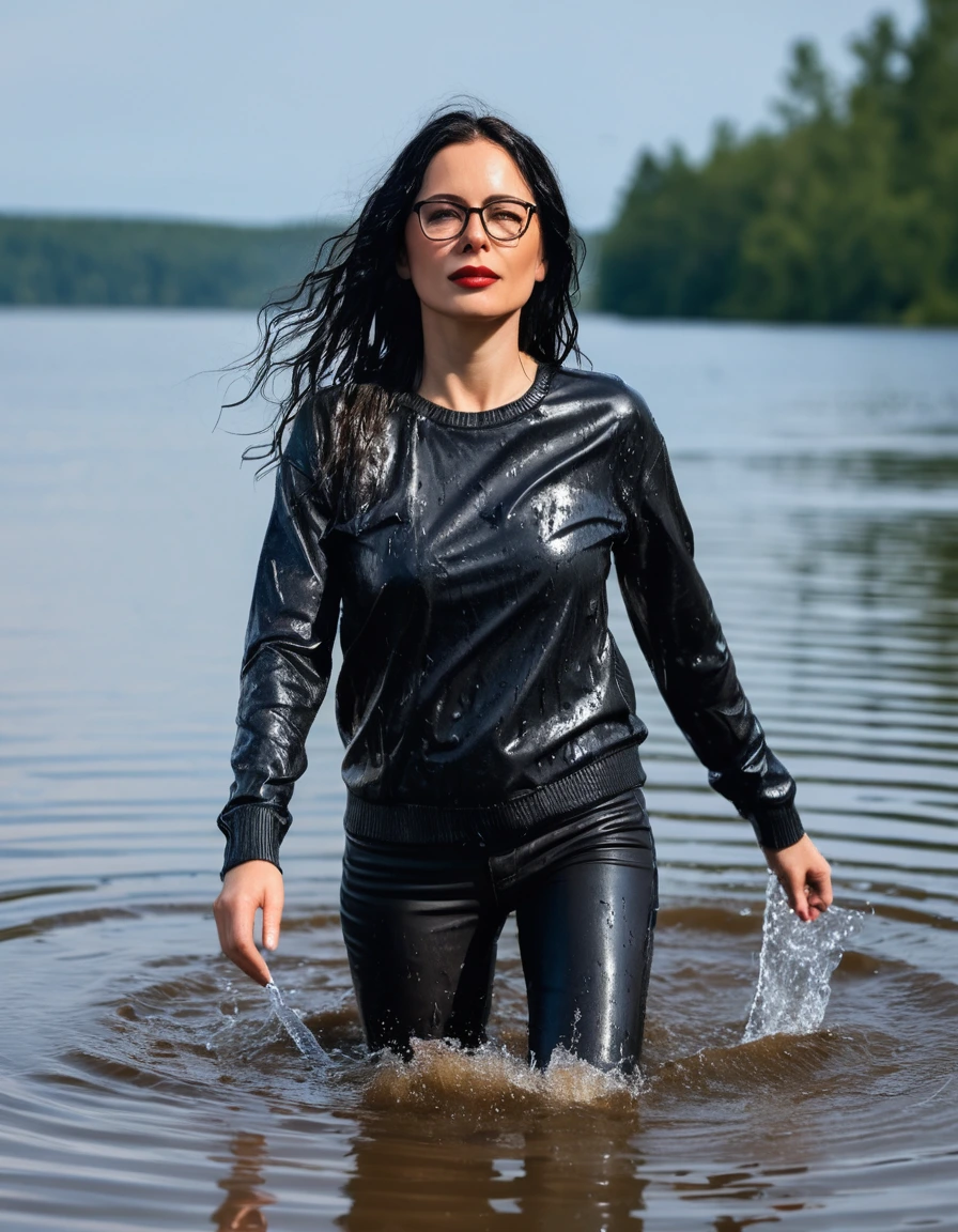 photo of young woman, in soaking wet, drenched clothes,
office shoes , long light black leather jeans, black leather sweater with long sleeves, walking submerged in sunny deep lake, 
enjoying, wet clothes stuck to body,
detailed textures of the wet clothes, wet face, wet plastered hair,
wet, drenched, professional, high-quality details, full body view.
sharp focus, ultra-high pixel detail, realistic, high-quality, full colors, incredibly detailed, 4k, 8k, 16k, hyper-realistic, RAW photo, masterpiece, ultra-detailed, professionally color graded, professional photograph, woman 51 years old, long black hair, very big and thick lips, office glasses, complete body, open mouth,, dry skin, dry clothes, dry fabric