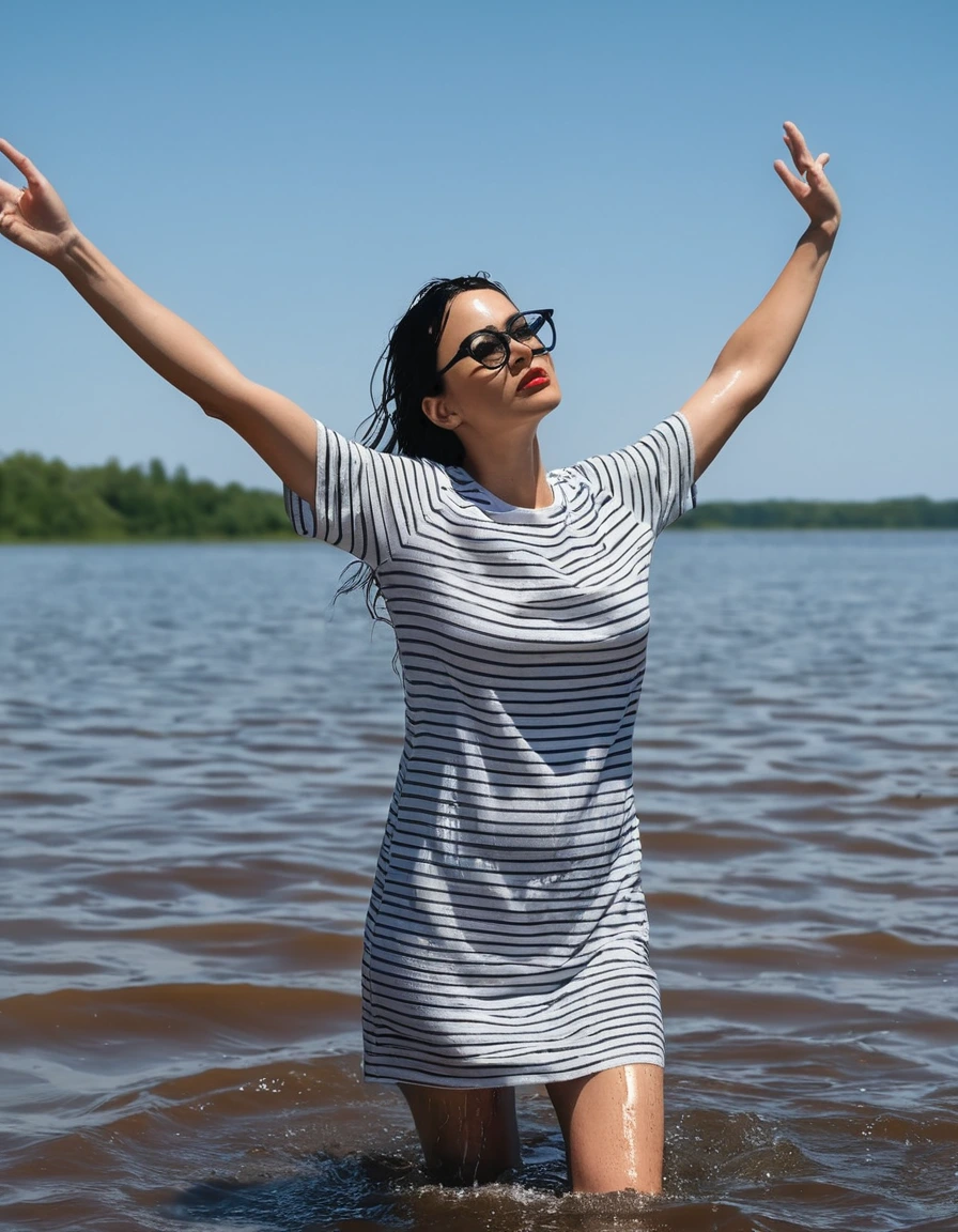 photo of young woman, in soaking wet, drenched clothes,
office shoes , white & black striped t-shirt dress with short sleeves, white & black striped t-shirt dress with short sleeves, walking in sunny deep lake, 
enjoying, wet clothes stuck to body,
detailed textures of the wet clothes, wet face, wet plastered hair,
wet, drenched, professional, high-quality details, full body view.
sharp focus, ultra-high pixel detail, realistic, high-quality, full colors, incredibly detailed, 4k, 8k, 16k, hyper-realistic, RAW photo, masterpiece, ultra-detailed, professionally color graded, professional photograph, woman 51 years old, long black hair, very big and thick lips, office glasses, complete body, open mouth, hands in the air,, dry skin, dry clothes, dry fabric