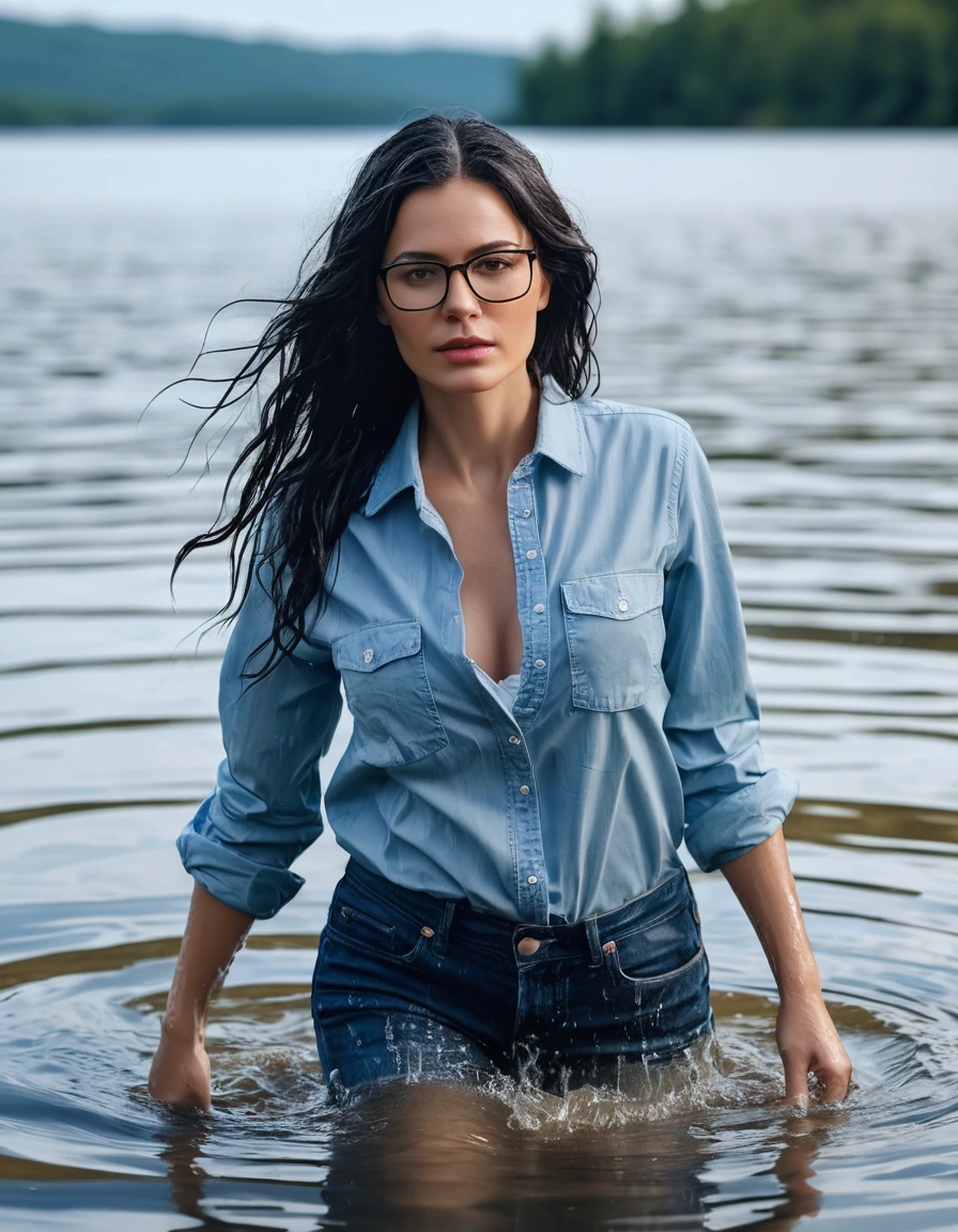photo of young woman, in soaking wet, drenched clothes,
office shoes , wet long light blue jeans shinning, wet light blue jeans shirt with long sleeves shinning, walking submerged in sunny deep lake, 
enjoying, wet clothes stuck to body,
detailed textures of the wet clothes, wet face, wet plastered hair,
wet, drenched, professional, high-quality details, full body view.
sharp focus, ultra-high pixel detail, realistic, high-quality, full colors, incredibly detailed, 4k, 8k, 16k, hyper-realistic, RAW photo, masterpiece, ultra-detailed, professionally color graded, professional photograph, woman 51 years old, long black hair, very big and thick lips, office glasses, complete body, open mouth,, dry skin, dry clothes, dry fabric