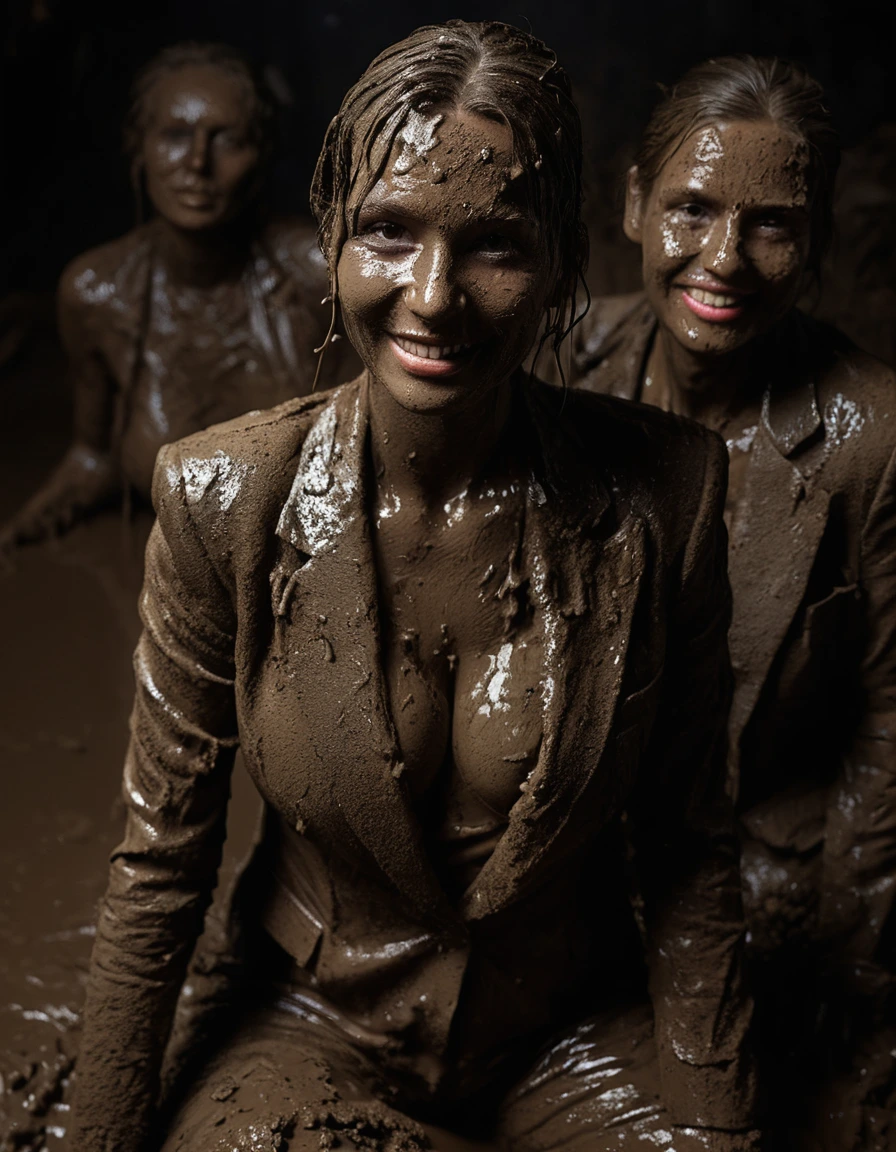 photo of young woman, in soaking wet, drenched clothes,
Muddy high heels, Long very muddy suit pants, Full muddy ruined fully-opened unbuttoned sexy blazer like a fancy uniform over topless with super sexy cleavage and exposed huge saggy boobs., Dark muddy indoor disco club at night. Deep mud on the floor, mud splashed walls, dripping mud from above, very dark mood lighting with pink and blue neon lights from above. Muddy chairs and sofas in the background. , 
enjoying, wet clothes stuck to body,
detailed textures of the wet clothes, wet face, wet plastered hair,
wet, drenched, professional, high-quality details, full body view.
sharp focus, ultra-high pixel detail, realistic, high-quality, full colors, incredibly detailed, 4k, 8k, 16k, hyper-realistic, RAW photo, masterpiece, ultra-detailed, professionally color graded, professional photograph, Three stunning blonde 60 years old beautiful gleaming mature women are wallowing together in the deep muddy pool after a full dip in it and holding a glass of champagne in their hands during the crazy muddy indoor disco party at night and posing for a professional photo. They are proudly wearing their fully and heavily mud-covered unbuttoned and opened sexy suits which fully exposing their large sexy and saggy muddy boobs. Focus on the large muddy cleavages of the blazers and on the bravely displayed large muddy heavy saggy boobs. Every small details of the clothes are muddy, muddy beautiful faces, muddy chests and boobs. Their blazer has the same colour as their muddy pants. The classy elegant disco club is totally destroyed by mud, mud spots everywhere, mud flows down on the walls, mud on the furnitures in the background. Straight muddy very long open wavy hairstyle, muddy hair, smiling and satisfied beautiful muddy faces, blue eyes, necklaces, earrings, lipstick. The women are enjoying to being total muddy in the muddy pool, being sexy, naughty while they are enjoying the muddy fetish party. Realistic muddy boobs and photorealistic detailed smiling facial expressions. Intimate close-up picture about the women. Close-up photo from front view, highly realistic representation, ultra sharp focus, highly photorealistic detailed textures, highly photorealistic detailed facial features and expressions, highly photorealistic hands, highly emotional reactions, highly best quality, highly sharp photorealistic image, highly photorealistic details, full UHD resolution, 32 K, very high level of detail and image sharpness, zoomed in, dry skin, dry clothes, dry fabric, dry skin, dry clothes, dry fabric, dry skin, dry clothes, dry fabric, dry skin, dry clothes, dry fabric, dry skin, dry clothes, dry fabric