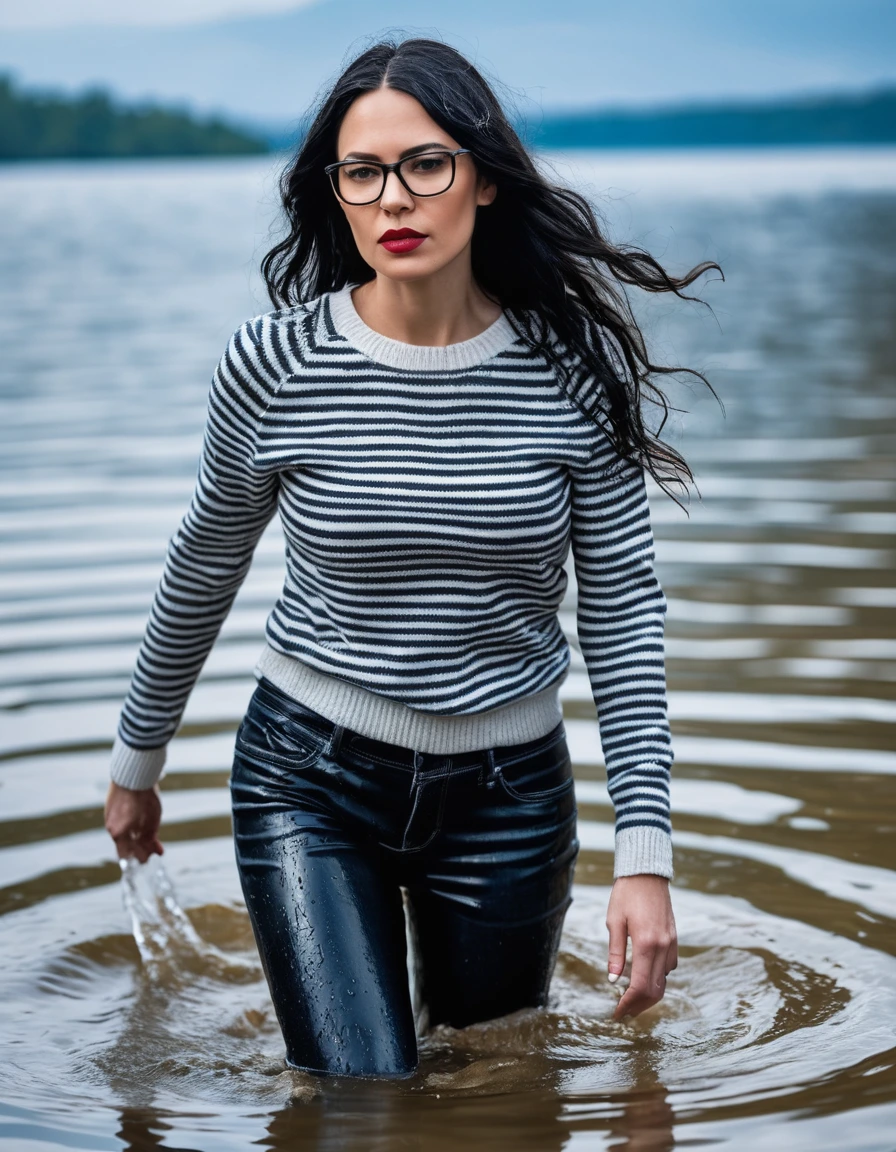 photo of young woman, in soaking wet, drenched clothes,
office shoes , long blue leather jeans, black & white striped sweater with long sleeves, walking submerged in sunny deep lake, 
enjoying, wet clothes stuck to body,
detailed textures of the wet clothes, wet face, wet plastered hair,
wet, drenched, professional, high-quality details, full body view.
sharp focus, ultra-high pixel detail, realistic, high-quality, full colors, incredibly detailed, 4k, 8k, 16k, hyper-realistic, RAW photo, masterpiece, ultra-detailed, professionally color graded, professional photograph, woman 51 years old, long black hair, very big and thick lips, office glasses, complete body, open mouth,, dry skin, dry clothes, dry fabric