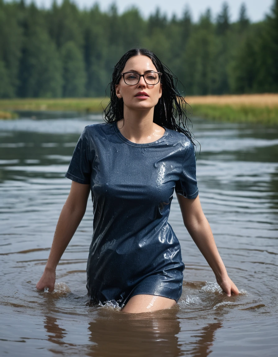 photo of young woman, in soaking wet, drenched clothes,
office shoes , long tight blue jeans, gray t-shirt dress with short sleeves, walking submerged in sunny deep lake, 
enjoying, wet clothes stuck to body,
detailed textures of the wet clothes, wet face, wet plastered hair,
wet, drenched, professional, high-quality details, full body view.
sharp focus, ultra-high pixel detail, realistic, high-quality, full colors, incredibly detailed, 4k, 8k, 16k, hyper-realistic, RAW photo, masterpiece, ultra-detailed, professionally color graded, professional photograph, woman 51 years old, long black hair, very big and thick lips, office glasses, complete body, open mouth, hands in the air, dry skin, dry clothes, dry fabric