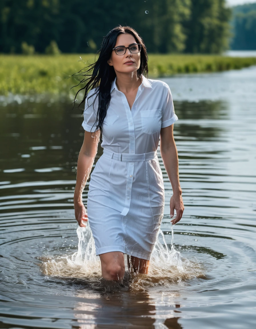 photo of young woman, in soaking wet, drenched clothes,
office shoes , long tight blue jeans, white t-shirt dress with short sleeves, walking submerged in sunny deep lake, 
enjoying, wet clothes stuck to body,
detailed textures of the wet clothes, wet face, wet plastered hair,
wet, drenched, professional, high-quality details, full body view.
sharp focus, ultra-high pixel detail, realistic, high-quality, full colors, incredibly detailed, 4k, 8k, 16k, hyper-realistic, RAW photo, masterpiece, ultra-detailed, professionally color graded, professional photograph, woman 51 years old, long black hair, very big and thick lips, office glasses, complete body, open mouth,, dry skin, dry clothes, dry fabric
