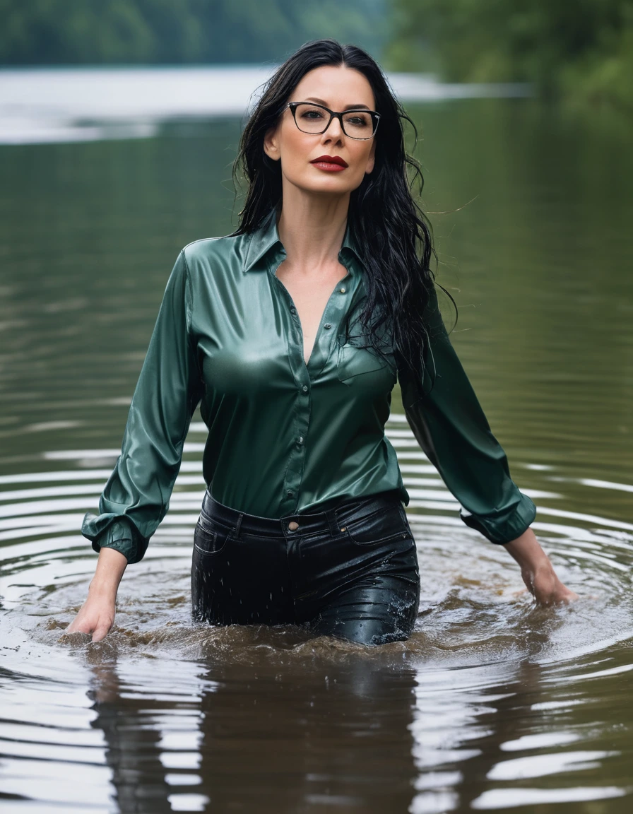 photo of young woman, in soaking wet, drenched clothes,
office shoes , long light black latex jeans, dark green silk satin shirt with long sleeves, walking submerged in sunny deep lake, 
enjoying, wet clothes stuck to body,
detailed textures of the wet clothes, wet face, wet plastered hair,
wet, drenched, professional, high-quality details, full body view.
sharp focus, ultra-high pixel detail, realistic, high-quality, full colors, incredibly detailed, 4k, 8k, 16k, hyper-realistic, RAW photo, masterpiece, ultra-detailed, professionally color graded, professional photograph, woman 51 years old, long black hair, very big and thick lips, office glasses, complete body, open mouth, d, dry skin, dry clothes, dry fabric