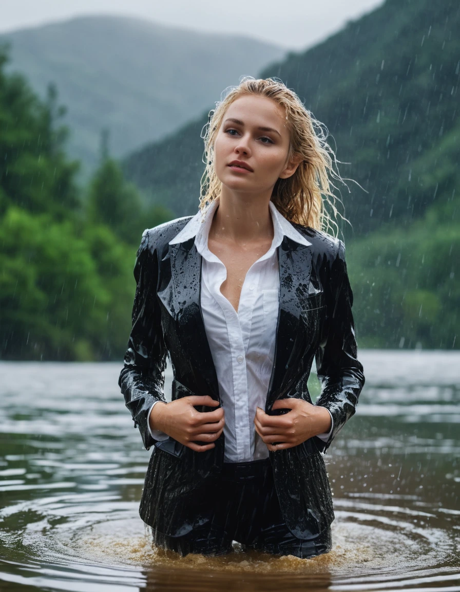 photo of young woman, in soaking wet, drenched clothes,
Black Long Business Trouser, Black Business Suit Jacket with white button down business shirt longsleeve, Clear Mountain lake with heavy rain, 
enjoying, wet clothes stuck to body,
detailed textures of the wet clothes, wet face, wet plastered hair,
wet, drenched, professional, high-quality details, full body view.
sharp focus, ultra-high pixel detail, realistic, high-quality, full colors, incredibly detailed, 4k, 8k, 16k, hyper-realistic, RAW photo, masterpiece, ultra-detailed, professionally color graded, professional photograph, young elegant beautiful white Blonde women, breast deep submerged, under a big rainshower, fully clothed, completely soaked, fully drenched, completely wet, wetlook, heavy rain, side parting, long hair, rain storm, looks confidently into camera, dry skin, dry clothes, dry fabric