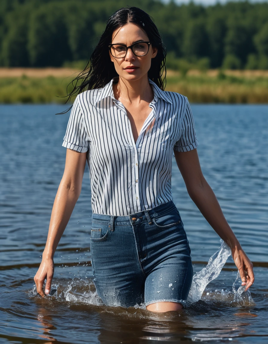 photo of young woman, in soaking wet, drenched clothes,
office shoes , long tight blue jeans, white & black striped t-shirt dress with short sleeves, walking in sunny deep lake, 
enjoying, wet clothes stuck to body,
detailed textures of the wet clothes, wet face, wet plastered hair,
wet, drenched, professional, high-quality details, full body view.
sharp focus, ultra-high pixel detail, realistic, high-quality, full colors, incredibly detailed, 4k, 8k, 16k, hyper-realistic, RAW photo, masterpiece, ultra-detailed, professionally color graded, professional photograph, woman 51 years old, long black hair, very big and thick lips, office glasses, complete body, open mouth, hands in the air, dry skin, dry clothes, dry fabric