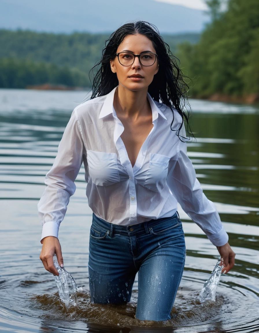 photo of young woman, in soaking wet, drenched clothes,
office shoes , wet long blue jeans shinning, wet white & blue jeans shirt with long sleeves shinning, walking submerged in sunny deep lake, 
enjoying, wet clothes stuck to body,
detailed textures of the wet clothes, wet face, wet plastered hair,
wet, drenched, professional, high-quality details, full body view.
sharp focus, ultra-high pixel detail, realistic, high-quality, full colors, incredibly detailed, 4k, 8k, 16k, hyper-realistic, RAW photo, masterpiece, ultra-detailed, professionally color graded, professional photograph, woman 51 years old, long black hair, very big and thick lips, office glasses, complete body, open mouth, dry skin, dry clothes, dry fabric