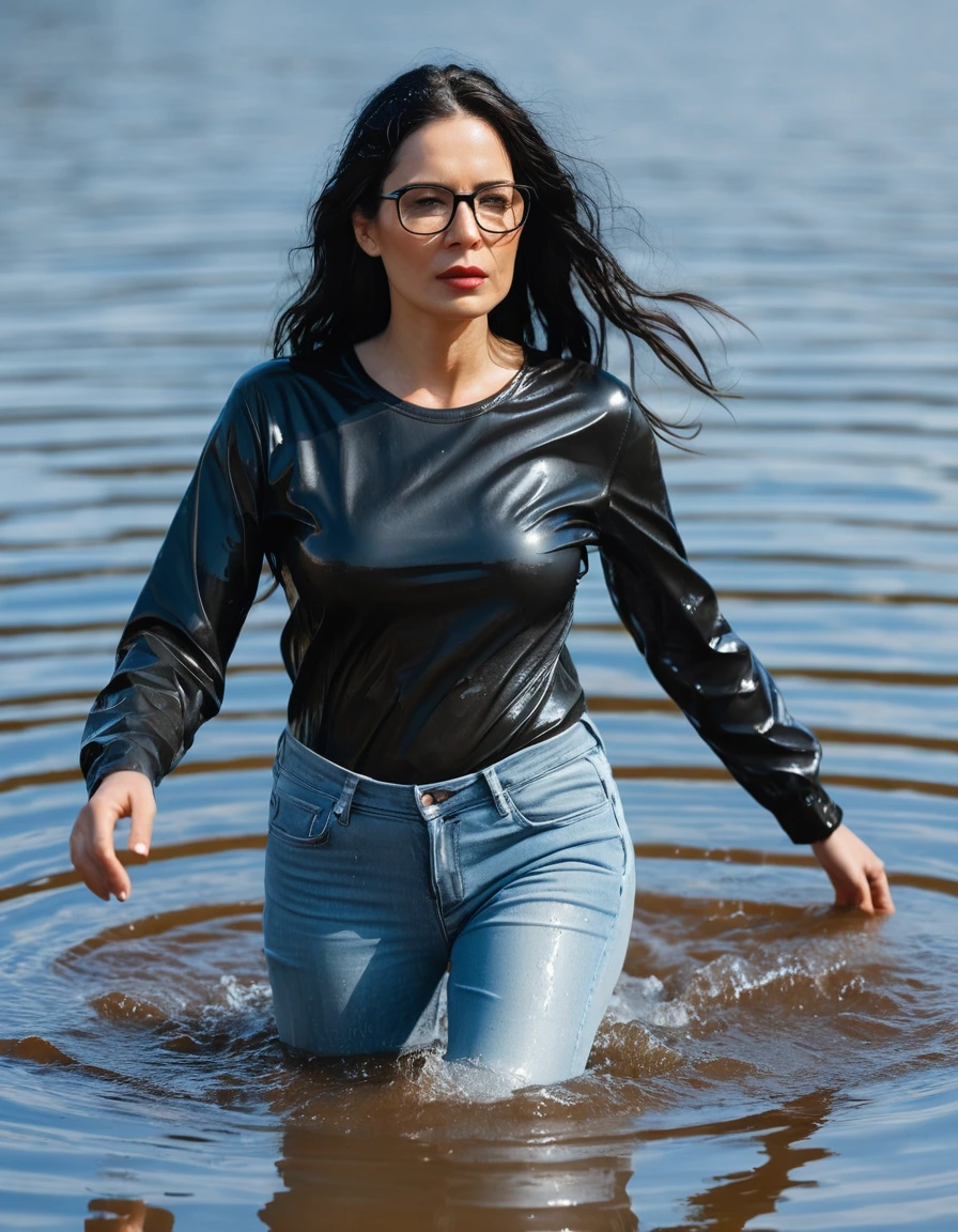 photo of young woman, in soaking wet, drenched clothes,
office shoes , long light blue leather jeans, black t-shirt, walking submerged in sunny deep lake, 
enjoying, wet clothes stuck to body,
detailed textures of the wet clothes, wet face, wet plastered hair,
wet, drenched, professional, high-quality details, full body view.
sharp focus, ultra-high pixel detail, realistic, high-quality, full colors, incredibly detailed, 4k, 8k, 16k, hyper-realistic, RAW photo, masterpiece, ultra-detailed, professionally color graded, professional photograph, woman 51 years old, long black hair, very big and thick lips, office glasses, complete body, open mouth, dry skin, dry clothes, dry fabric
