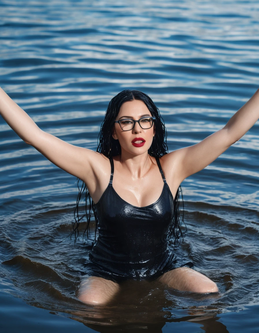 photo of young woman, in soaking wet, drenched clothes,
office shoes , long tight blue jeans, black t-shirt dress with short sleeves, walking submerged in sunny deep lake, 
enjoying, wet clothes stuck to body,
detailed textures of the wet clothes, wet face, wet plastered hair,
wet, drenched, professional, high-quality details, full body view.
sharp focus, ultra-high pixel detail, realistic, high-quality, full colors, incredibly detailed, 4k, 8k, 16k, hyper-realistic, RAW photo, masterpiece, ultra-detailed, professionally color graded, professional photograph, woman 51 years old, long black hair, very big and thick lips, office glasses, complete body, open mouth, hands in the air, dry skin, dry clothes, dry fabric