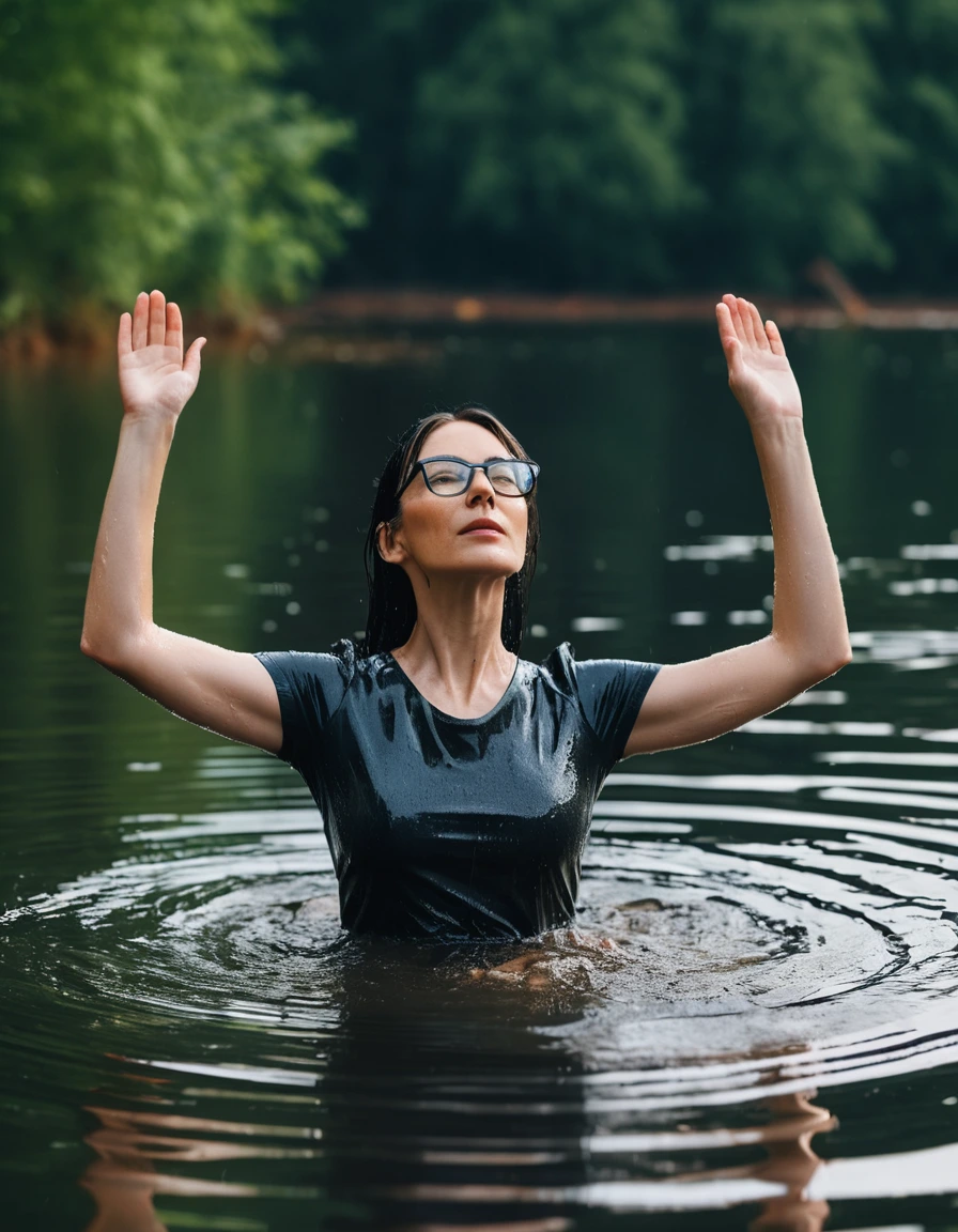 photo of young woman, in soaking wet, drenched clothes,
office shoes , long tight blue jeans, black t-shirt dress with short sleeves, walking submerged in sunny deep lake, 
enjoying, wet clothes stuck to body,
detailed textures of the wet clothes, wet face, wet plastered hair,
wet, drenched, professional, high-quality details, full body view.
sharp focus, ultra-high pixel detail, realistic, high-quality, full colors, incredibly detailed, 4k, 8k, 16k, hyper-realistic, RAW photo, masterpiece, ultra-detailed, professionally color graded, professional photograph, woman 51 years old, long black hair, very big and thick lips, office glasses, complete body, open mouth, hands in the air,, dry skin, dry clothes, dry fabric