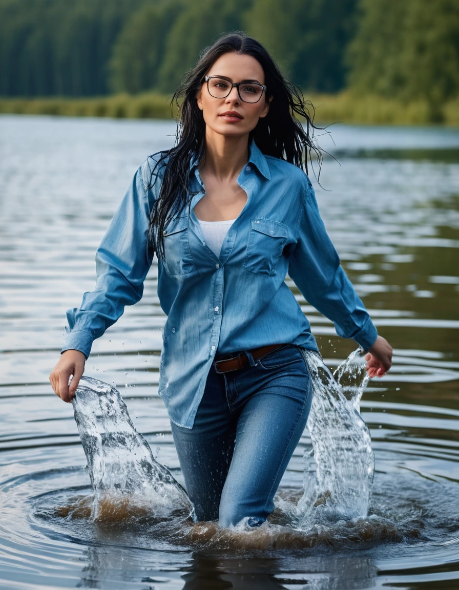 photo of young woman, in soaking wet, drenched clothes,
office shoes , wet long light blue jeans shinning, wet light blue jeans shirt with long sleeves shinning, walking submerged in sunny deep lake, 
enjoying, wet clothes stuck to body,
detailed textures of the wet clothes, wet face, wet plastered hair,
wet, drenched, professional, high-quality details, full body view.
sharp focus, ultra-high pixel detail, realistic, high-quality, full colors, incredibly detailed, 4k, 8k, 16k, hyper-realistic, RAW photo, masterpiece, ultra-detailed, professionally color graded, professional photograph, woman 51 years old, long black hair, very big and thick lips, office glasses, complete body, open mouth,, dry skin, dry clothes, dry fabric