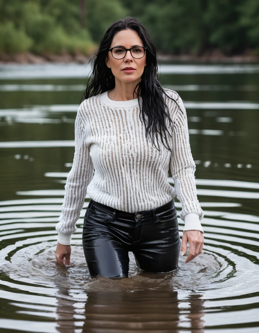 photo of young woman, in soaking wet, drenched clothes,
office shoes , long black leather jeans, white striped sweater with long sleeves, walking submerged in sunny deep lake, 
enjoying, wet clothes stuck to body,
detailed textures of the wet clothes, wet face, wet plastered hair,
wet, drenched, professional, high-quality details, full body view.
sharp focus, ultra-high pixel detail, realistic, high-quality, full colors, incredibly detailed, 4k, 8k, 16k, hyper-realistic, RAW photo, masterpiece, ultra-detailed, professionally color graded, professional photograph, woman 51 years old, long black hair, very big and thick lips, office glasses, complete body, open mouth,, dry skin, dry clothes, dry fabric