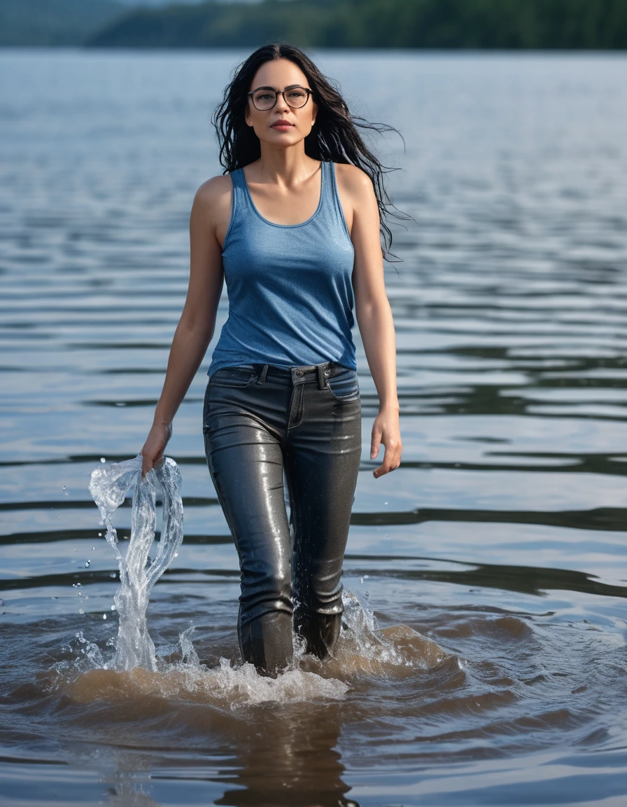 photo of young woman, in soaking wet, drenched clothes,
office shoes , long blue leather jeans, gray tank top, walking submerged in sunny deep lake, 
enjoying, wet clothes stuck to body,
detailed textures of the wet clothes, wet face, wet plastered hair,
wet, drenched, professional, high-quality details, full body view.
sharp focus, ultra-high pixel detail, realistic, high-quality, full colors, incredibly detailed, 4k, 8k, 16k, hyper-realistic, RAW photo, masterpiece, ultra-detailed, professionally color graded, professional photograph, woman 51 years old, long black hair, very big and thick lips, office glasses, complete body, open mouth,, dry skin, dry clothes, dry fabric