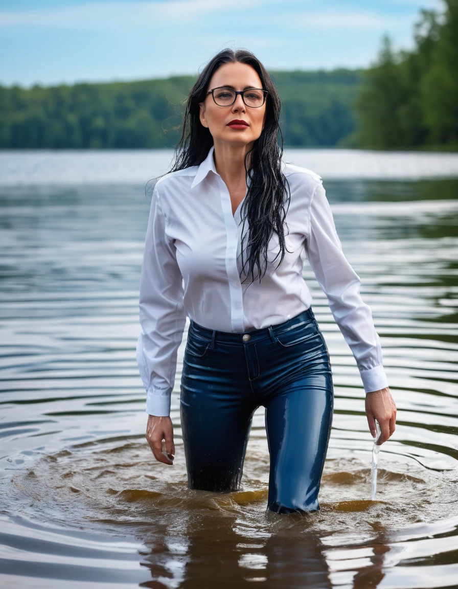 photo of young woman, in soaking wet, drenched clothes,
office shoes , long blue latex jeans, white latex shirt with long sleeves, walking submerged in sunny deep lake, 
enjoying, wet clothes stuck to body,
detailed textures of the wet clothes, wet face, wet plastered hair,
wet, drenched, professional, high-quality details, full body view.
sharp focus, ultra-high pixel detail, realistic, high-quality, full colors, incredibly detailed, 4k, 8k, 16k, hyper-realistic, RAW photo, masterpiece, ultra-detailed, professionally color graded, professional photograph, woman 51 years old, long black hair, very big and thick lips, office glasses, complete body, open mouth, hands in the air, dry skin, dry clothes, dry fabric