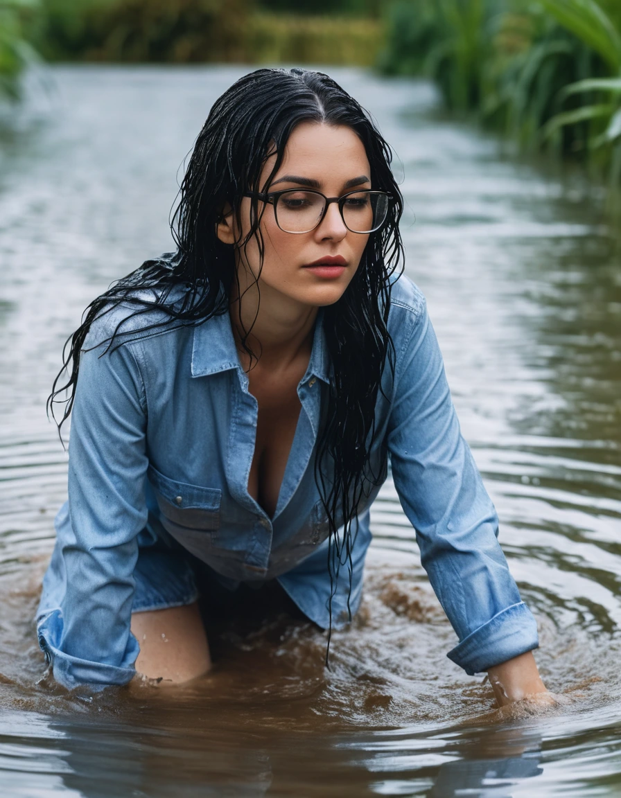 photo of young woman, in soaking wet, drenched clothes,
office shoes , wet long light blue jeans shinning, wet light blue jeans shirt with long sleeves shinning, walking submerged in flooded garden, 
enjoying, wet clothes stuck to body,
detailed textures of the wet clothes, wet face, wet plastered hair,
wet, drenched, professional, high-quality details, full body view.
sharp focus, ultra-high pixel detail, realistic, high-quality, full colors, incredibly detailed, 4k, 8k, 16k, hyper-realistic, RAW photo, masterpiece, ultra-detailed, professionally color graded, professional photograph, woman 51 years old, long black hair, very big and thick lips, office glasses, complete body, open mouth, dry skin, dry clothes, dry fabric, dry skin, dry clothes, dry fabric, dry skin, dry clothes, dry fabric, dry skin, dry clothes, dry fabric, dry skin, dry clothes, dry fabric