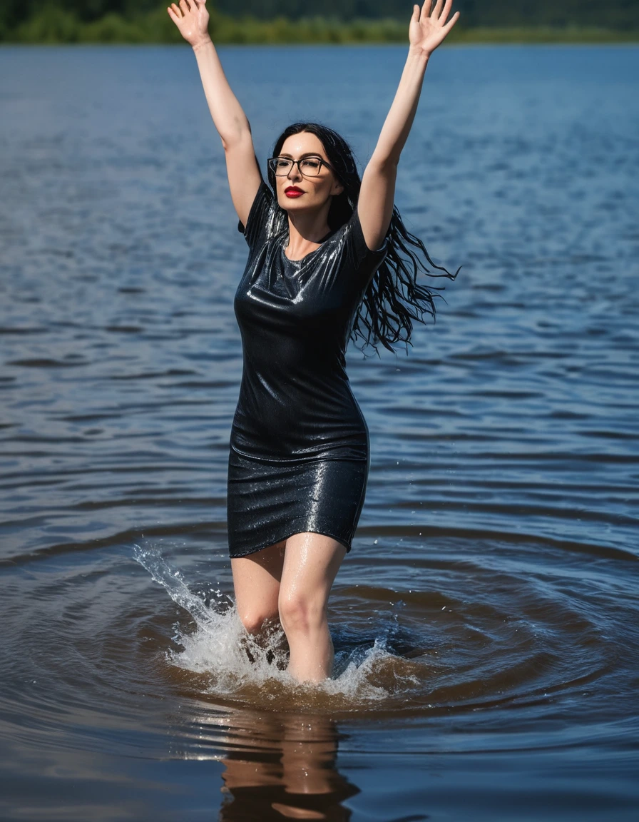 photo of young woman, in soaking wet, drenched clothes,
office shoes , long tight blue jeans, black t-shirt dress with short sleeves, walking submerged in sunny deep lake, 
enjoying, wet clothes stuck to body,
detailed textures of the wet clothes, wet face, wet plastered hair,
wet, drenched, professional, high-quality details, full body view.
sharp focus, ultra-high pixel detail, realistic, high-quality, full colors, incredibly detailed, 4k, 8k, 16k, hyper-realistic, RAW photo, masterpiece, ultra-detailed, professionally color graded, professional photograph, woman 51 years old, long black hair, very big and thick lips, office glasses, complete body, open mouth, hands in the air, dry skin, dry clothes, dry fabric