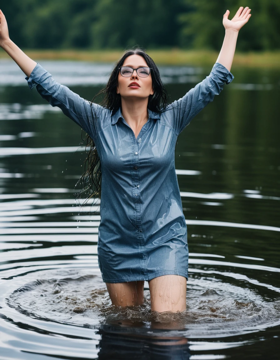 photo of young woman, in soaking wet, drenched clothes,
office shoes , long tight blue jeans, gray t-shirt dress with short sleeves, walking submerged in sunny deep lake, 
enjoying, wet clothes stuck to body,
detailed textures of the wet clothes, wet face, wet plastered hair,
wet, drenched, professional, high-quality details, full body view.
sharp focus, ultra-high pixel detail, realistic, high-quality, full colors, incredibly detailed, 4k, 8k, 16k, hyper-realistic, RAW photo, masterpiece, ultra-detailed, professionally color graded, professional photograph, woman 51 years old, long black hair, very big and thick lips, office glasses, complete body, open mouth, hands in the air, dry skin, dry clothes, dry fabric