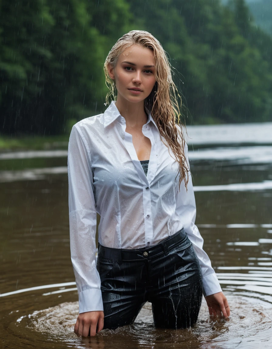 photo of young woman, in soaking wet, drenched clothes,
Black Long Business Trouser, Black Business Suit Jacket with white button down business shirt longsleeve, Clear Mountain lake with heavy rain, 
enjoying, wet clothes stuck to body,
detailed textures of the wet clothes, wet face, wet plastered hair,
wet, drenched, professional, high-quality details, full body view.
sharp focus, ultra-high pixel detail, realistic, high-quality, full colors, incredibly detailed, 4k, 8k, 16k, hyper-realistic, RAW photo, masterpiece, ultra-detailed, professionally color graded, professional photograph, young elegant beautiful white Blonde women, breast deep submerged, under a big rainshower, fully clothed, completely soaked, fully drenched, completely wet, wetlook, heavy rain, side parting, long hair, rain storm, looks confidently into camera, dry skin, dry clothes, dry fabric