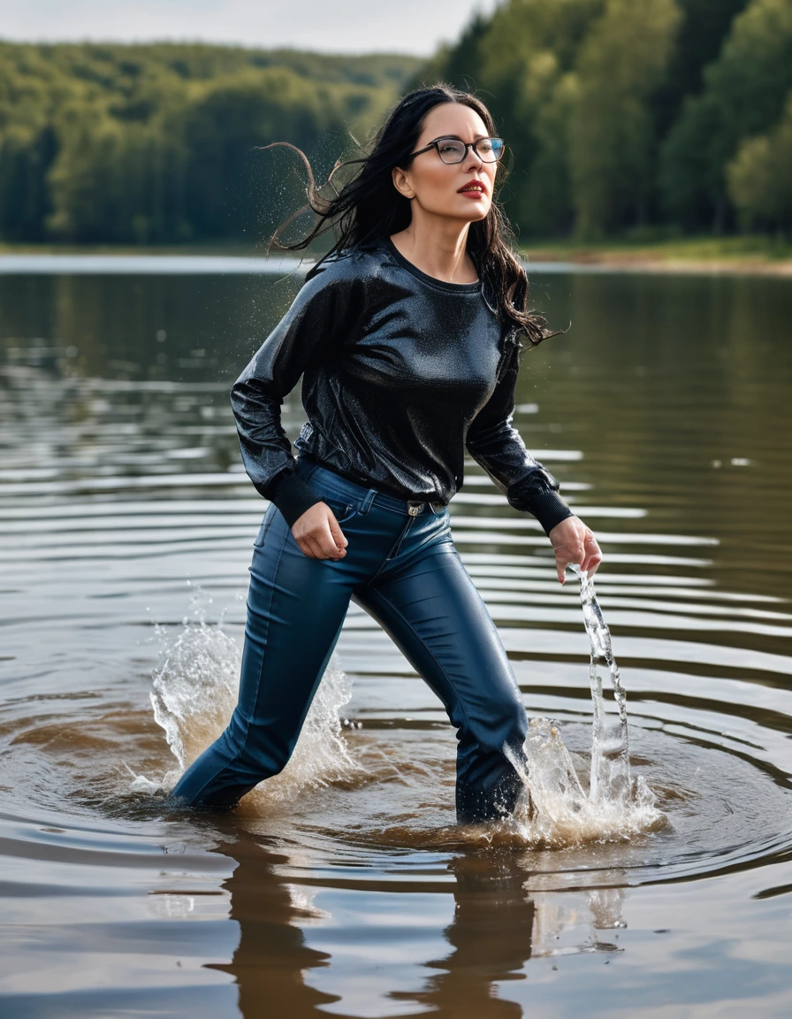 photo of young woman, in soaking wet, drenched clothes,
office shoes , long blue leather jeans, black sweater with long sleeves, walking submerged in sunny deep lake, 
enjoying, wet clothes stuck to body,
detailed textures of the wet clothes, wet face, wet plastered hair,
wet, drenched, professional, high-quality details, full body view.
sharp focus, ultra-high pixel detail, realistic, high-quality, full colors, incredibly detailed, 4k, 8k, 16k, hyper-realistic, RAW photo, masterpiece, ultra-detailed, professionally color graded, professional photograph, woman 51 years old, long black hair, very big and thick lips, office glasses, complete body, open mouth, dry skin, dry clothes, dry fabric