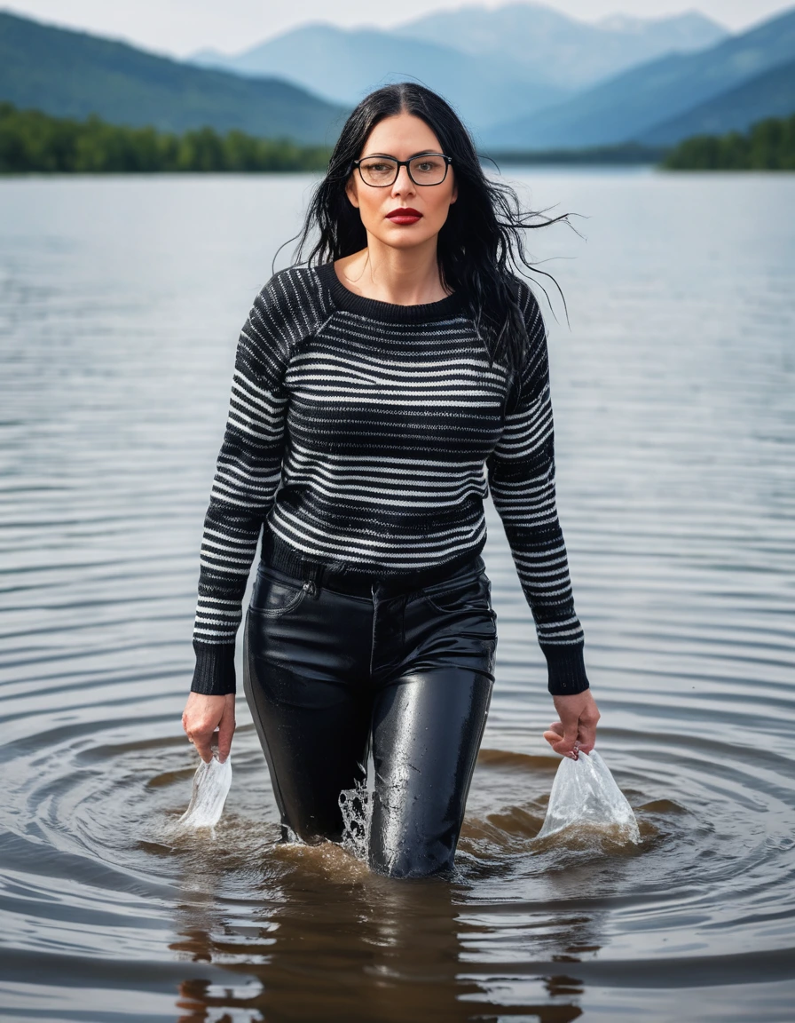 photo of young woman, in soaking wet, drenched clothes,
office shoes , long black leather jeans, black & white striped sweater with long sleeves, walking submerged in sunny deep lake, 
enjoying, wet clothes stuck to body,
detailed textures of the wet clothes, wet face, wet plastered hair,
wet, drenched, professional, high-quality details, full body view.
sharp focus, ultra-high pixel detail, realistic, high-quality, full colors, incredibly detailed, 4k, 8k, 16k, hyper-realistic, RAW photo, masterpiece, ultra-detailed, professionally color graded, professional photograph, woman 51 years old, long black hair, very big and thick lips, office glasses, complete body, open mouth,, dry skin, dry clothes, dry fabric