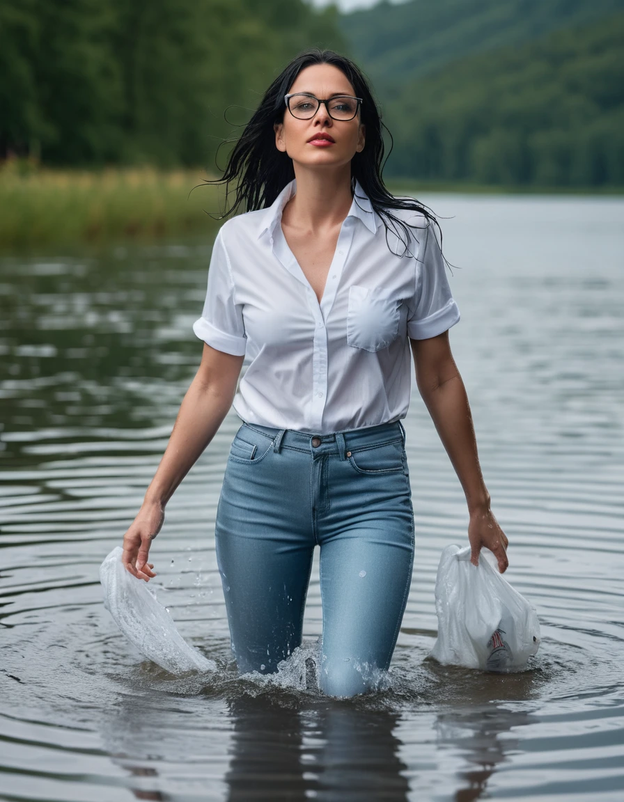 photo of young woman, in soaking wet, drenched clothes,
office shoes , long light blue leather jeans, white top t-shirt with short sleeves, walking submerged in sunny deep lake, 
enjoying, wet clothes stuck to body,
detailed textures of the wet clothes, wet face, wet plastered hair,
wet, drenched, professional, high-quality details, full body view.
sharp focus, ultra-high pixel detail, realistic, high-quality, full colors, incredibly detailed, 4k, 8k, 16k, hyper-realistic, RAW photo, masterpiece, ultra-detailed, professionally color graded, professional photograph, woman 51 years old, long black hair, very big and thick lips, office glasses, complete body, open mouth, dry skin, dry clothes, dry fabric