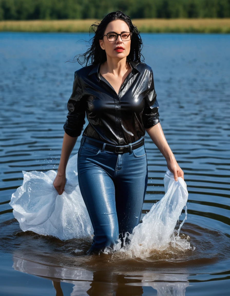 photo of young woman, in soaking wet, drenched clothes,
office shoes , long blue leather jeans, black t-shirt, walking submerged in sunny deep lake, 
enjoying, wet clothes stuck to body,
detailed textures of the wet clothes, wet face, wet plastered hair,
wet, drenched, professional, high-quality details, full body view.
sharp focus, ultra-high pixel detail, realistic, high-quality, full colors, incredibly detailed, 4k, 8k, 16k, hyper-realistic, RAW photo, masterpiece, ultra-detailed, professionally color graded, professional photograph, woman 51 years old, long black hair, very big and thick lips, office glasses, complete body, open mouth, dry skin, dry clothes, dry fabric