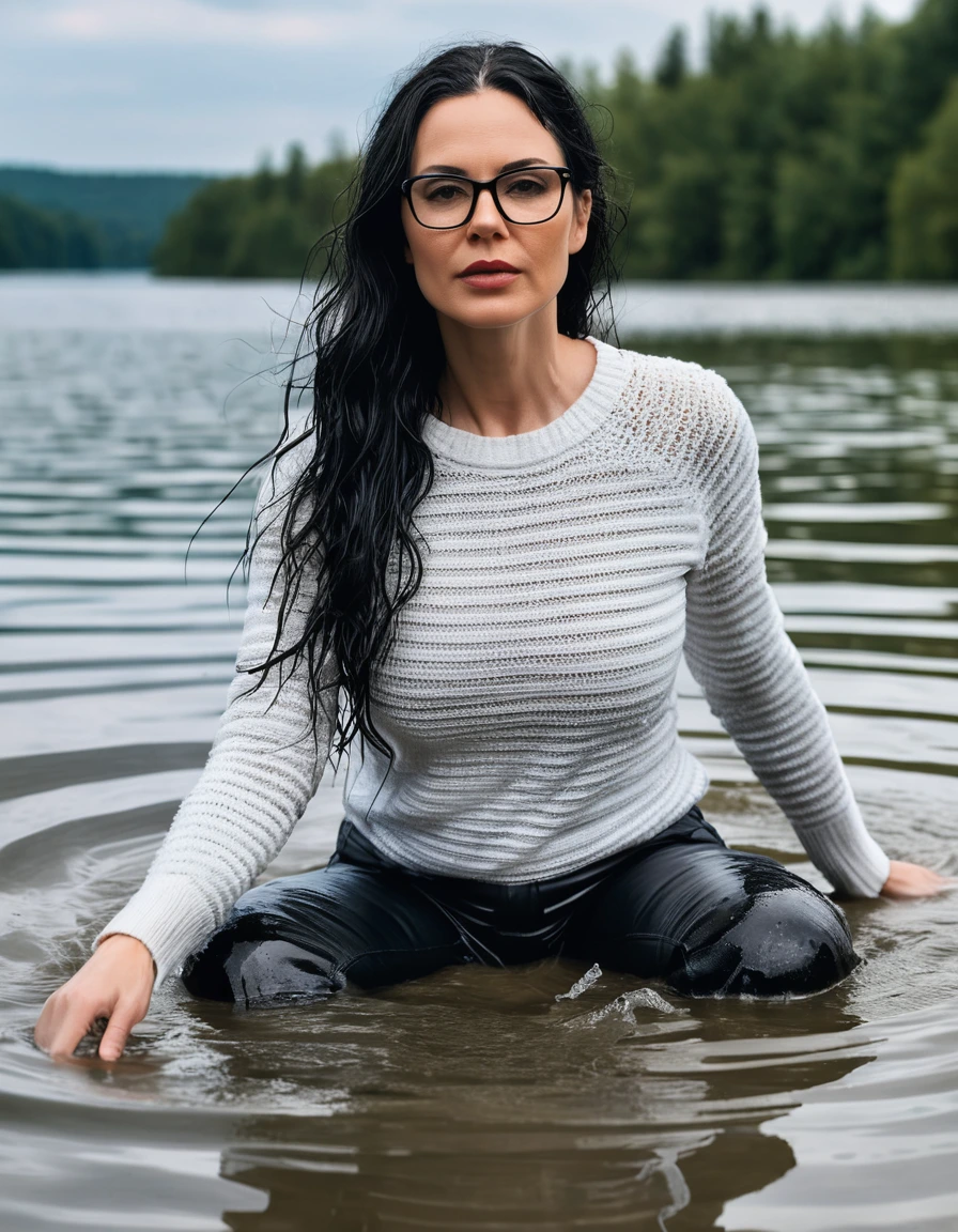 photo of young woman, in soaking wet, drenched clothes,
office shoes , long black leather jeans, white striped sweater with long sleeves, walking submerged in sunny deep lake, 
enjoying, wet clothes stuck to body,
detailed textures of the wet clothes, wet face, wet plastered hair,
wet, drenched, professional, high-quality details, full body view.
sharp focus, ultra-high pixel detail, realistic, high-quality, full colors, incredibly detailed, 4k, 8k, 16k, hyper-realistic, RAW photo, masterpiece, ultra-detailed, professionally color graded, professional photograph, woman 51 years old, long black hair, very big and thick lips, office glasses, complete body, open mouth,, dry skin, dry clothes, dry fabric