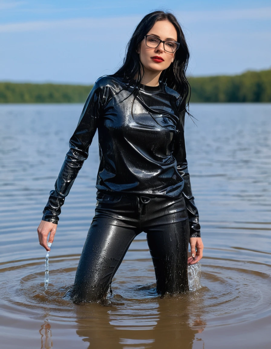 photo of young woman, in soaking wet, drenched clothes,
office shoes , long light black latex jeans, black latex sweater with long sleeves, walking submerged in sunny deep lake, 
enjoying, wet clothes stuck to body,
detailed textures of the wet clothes, wet face, wet plastered hair,
wet, drenched, professional, high-quality details, full body view.
sharp focus, ultra-high pixel detail, realistic, high-quality, full colors, incredibly detailed, 4k, 8k, 16k, hyper-realistic, RAW photo, masterpiece, ultra-detailed, professionally color graded, professional photograph, woman 51 years old, long black hair, very big and thick lips, office glasses, complete body, open mouth,, dry skin, dry clothes, dry fabric, dry skin, dry clothes, dry fabric