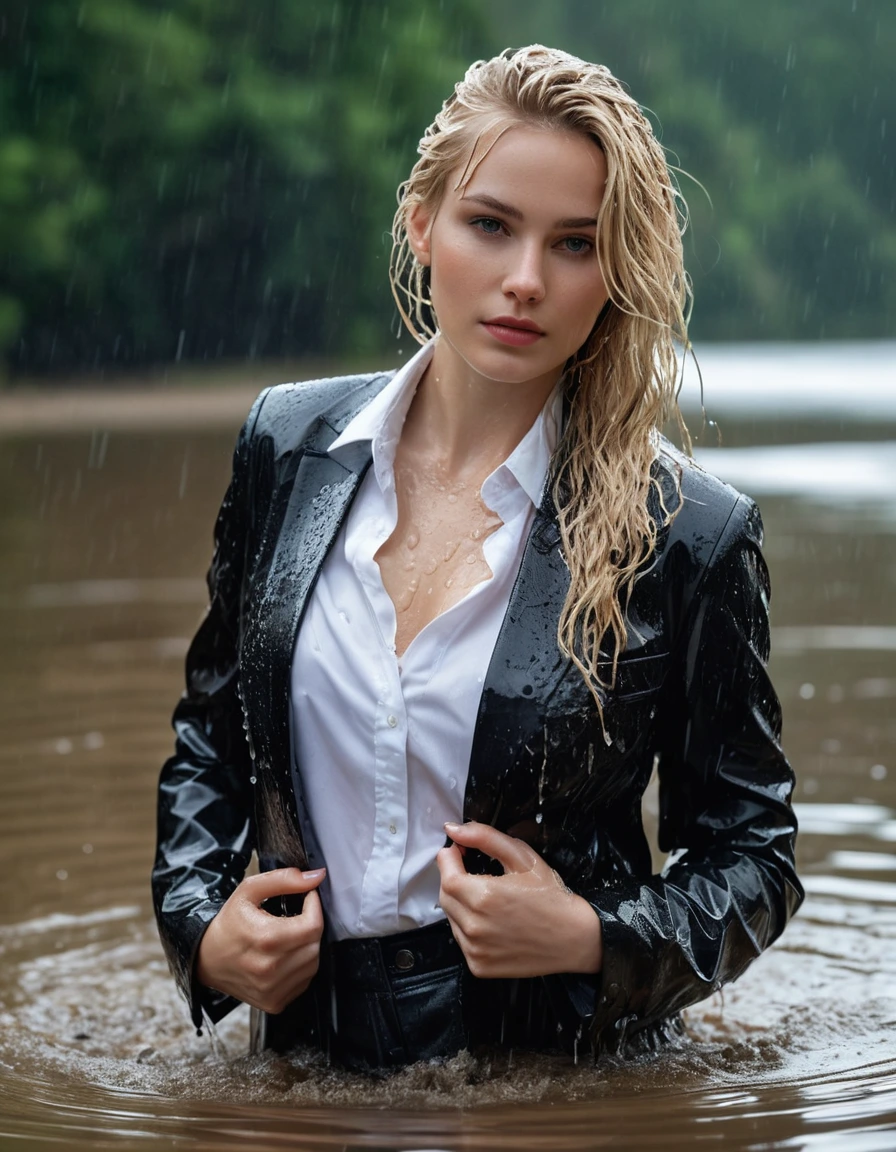 photo of young woman, in soaking wet, drenched clothes,
Black Long Business Trouser, Black Business Suit Jacket with white button down business shirt longsleeve, Clear Mountain lake with heavy rain, 
enjoying, wet clothes stuck to body,
detailed textures of the wet clothes, wet face, wet plastered hair,
wet, drenched, professional, high-quality details, full body view.
sharp focus, ultra-high pixel detail, realistic, high-quality, full colors, incredibly detailed, 4k, 8k, 16k, hyper-realistic, RAW photo, masterpiece, ultra-detailed, professionally color graded, professional photograph, young elegant beautiful white Blonde women, breast deep submerged, under a big rainshower, fully clothed, completely soaked, fully drenched, completely wet, wetlook, heavy rain, side parting, long hair, rain storm, looks confidently into camera, dry skin, dry clothes, dry fabric