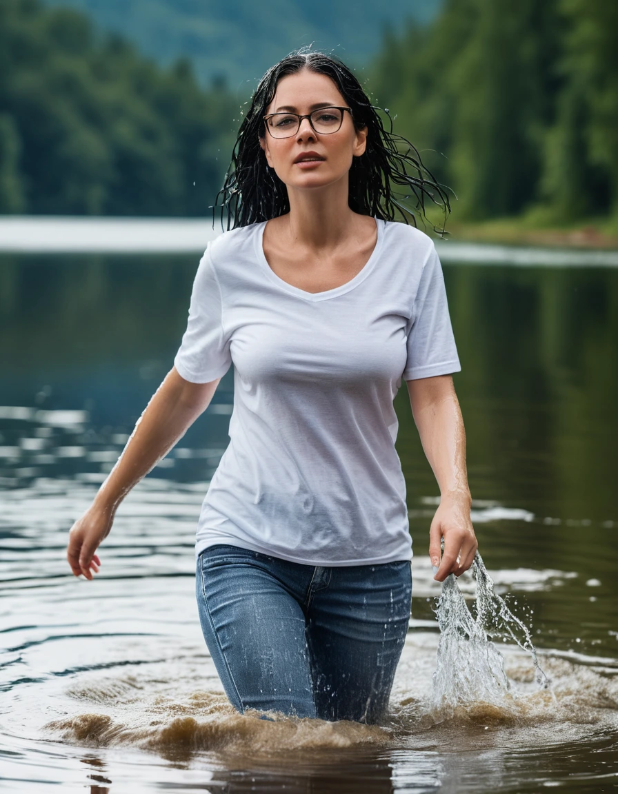 photo of young woman, in soaking wet, drenched clothes,
office shoes , long tight blue jeans, white t-shirt dress with short sleeves, walking in sunny deep lake, 
enjoying, wet clothes stuck to body,
detailed textures of the wet clothes, wet face, wet plastered hair,
wet, drenched, professional, high-quality details, full body view.
sharp focus, ultra-high pixel detail, realistic, high-quality, full colors, incredibly detailed, 4k, 8k, 16k, hyper-realistic, RAW photo, masterpiece, ultra-detailed, professionally color graded, professional photograph, woman 51 years old, long black hair, very big and thick lips, office glasses, complete body, open mouth, hands in the air, dry skin, dry clothes, dry fabric