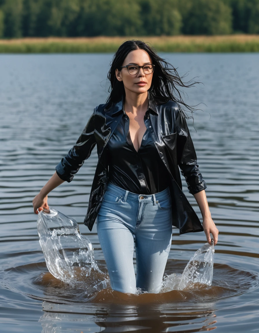 photo of young woman, in soaking wet, drenched clothes,
office shoes , long light blue leather jeans, black t-shirt, walking submerged in sunny deep lake, 
enjoying, wet clothes stuck to body,
detailed textures of the wet clothes, wet face, wet plastered hair,
wet, drenched, professional, high-quality details, full body view.
sharp focus, ultra-high pixel detail, realistic, high-quality, full colors, incredibly detailed, 4k, 8k, 16k, hyper-realistic, RAW photo, masterpiece, ultra-detailed, professionally color graded, professional photograph, woman 51 years old, long black hair, very big and thick lips, office glasses, complete body, open mouth, dry skin, dry clothes, dry fabric