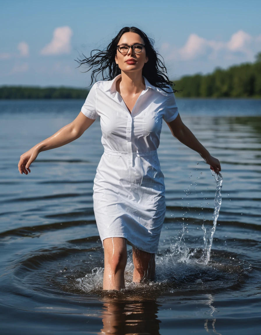 photo of young woman, in soaking wet, drenched clothes,
office shoes , long tight blue jeans, white t-shirt dress with short sleeves, walking in sunny deep lake, 
enjoying, wet clothes stuck to body,
detailed textures of the wet clothes, wet face, wet plastered hair,
wet, drenched, professional, high-quality details, full body view.
sharp focus, ultra-high pixel detail, realistic, high-quality, full colors, incredibly detailed, 4k, 8k, 16k, hyper-realistic, RAW photo, masterpiece, ultra-detailed, professionally color graded, professional photograph, woman 51 years old, long black hair, very big and thick lips, office glasses, complete body, open mouth, hands in the air, dry skin, dry clothes, dry fabric