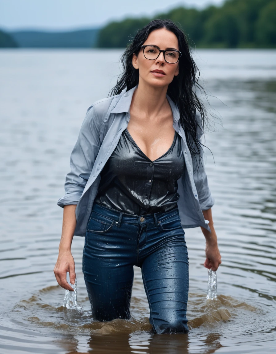 photo of young woman, in soaking wet, drenched clothes,
office shoes , long blue leather jeans, gray tank top, walking submerged in sunny deep lake, 
enjoying, wet clothes stuck to body,
detailed textures of the wet clothes, wet face, wet plastered hair,
wet, drenched, professional, high-quality details, full body view.
sharp focus, ultra-high pixel detail, realistic, high-quality, full colors, incredibly detailed, 4k, 8k, 16k, hyper-realistic, RAW photo, masterpiece, ultra-detailed, professionally color graded, professional photograph, woman 51 years old, long black hair, very big and thick lips, office glasses, complete body, open mouth,, dry skin, dry clothes, dry fabric
