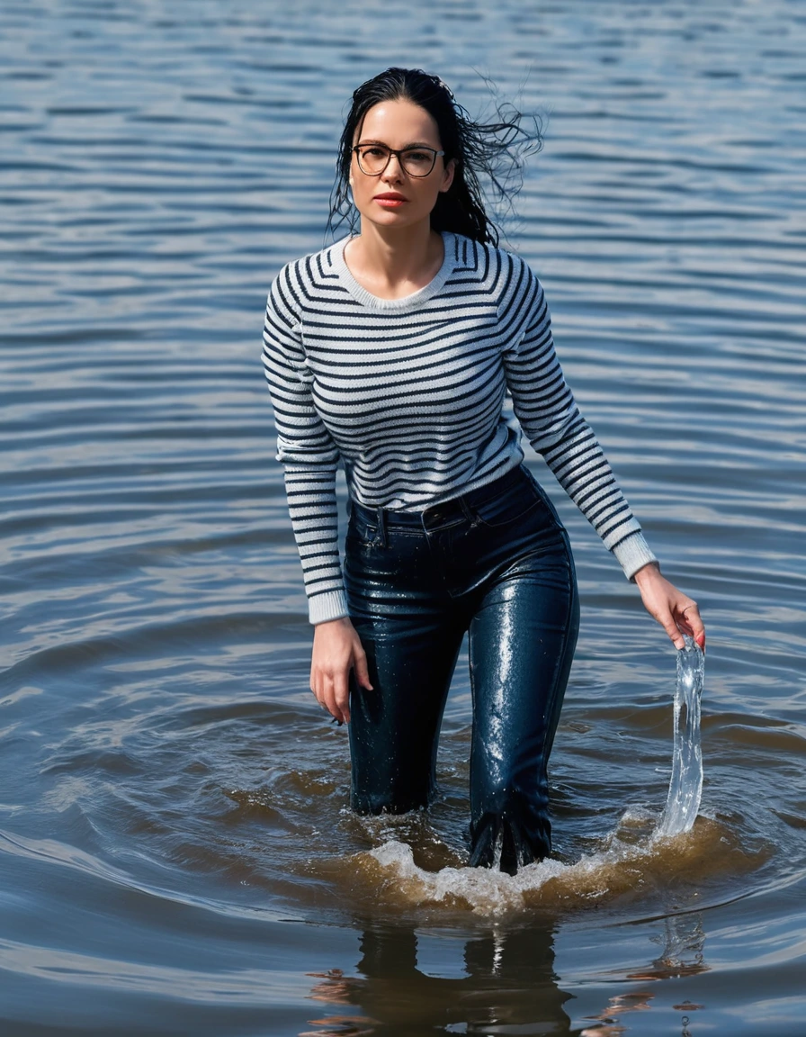 photo of young woman, in soaking wet, drenched clothes,
office shoes , long blue leather jeans, black & white striped sweater with long sleeves, walking submerged in sunny deep lake, 
enjoying, wet clothes stuck to body,
detailed textures of the wet clothes, wet face, wet plastered hair,
wet, drenched, professional, high-quality details, full body view.
sharp focus, ultra-high pixel detail, realistic, high-quality, full colors, incredibly detailed, 4k, 8k, 16k, hyper-realistic, RAW photo, masterpiece, ultra-detailed, professionally color graded, professional photograph, woman 51 years old, long black hair, very big and thick lips, office glasses, complete body, open mouth,, dry skin, dry clothes, dry fabric
