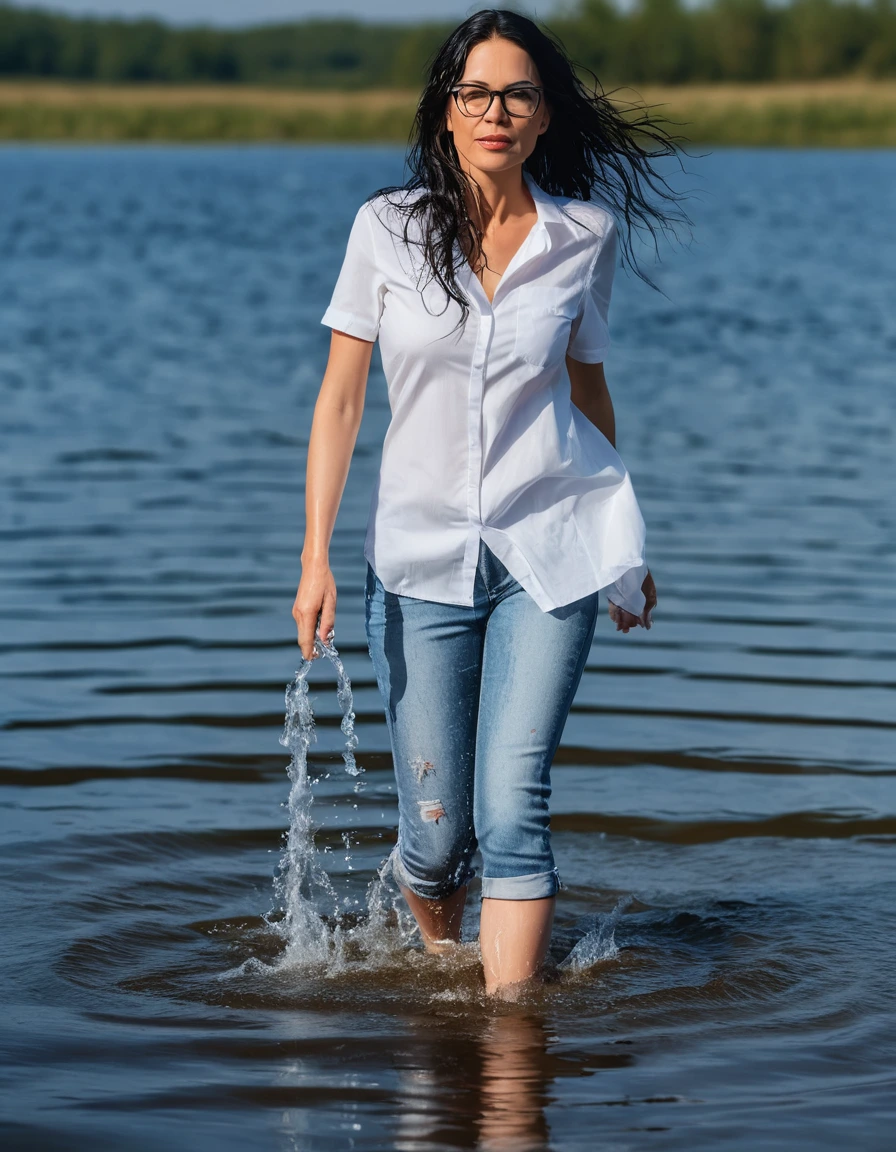 photo of young woman, in soaking wet, drenched clothes,
office shoes , long tight blue jeans, white t-shirt dress with short sleeves, walking in sunny deep lake, 
enjoying, wet clothes stuck to body,
detailed textures of the wet clothes, wet face, wet plastered hair,
wet, drenched, professional, high-quality details, full body view.
sharp focus, ultra-high pixel detail, realistic, high-quality, full colors, incredibly detailed, 4k, 8k, 16k, hyper-realistic, RAW photo, masterpiece, ultra-detailed, professionally color graded, professional photograph, woman 51 years old, long black hair, very big and thick lips, office glasses, complete body, open mouth, hands in the air, dry skin, dry clothes, dry fabric
