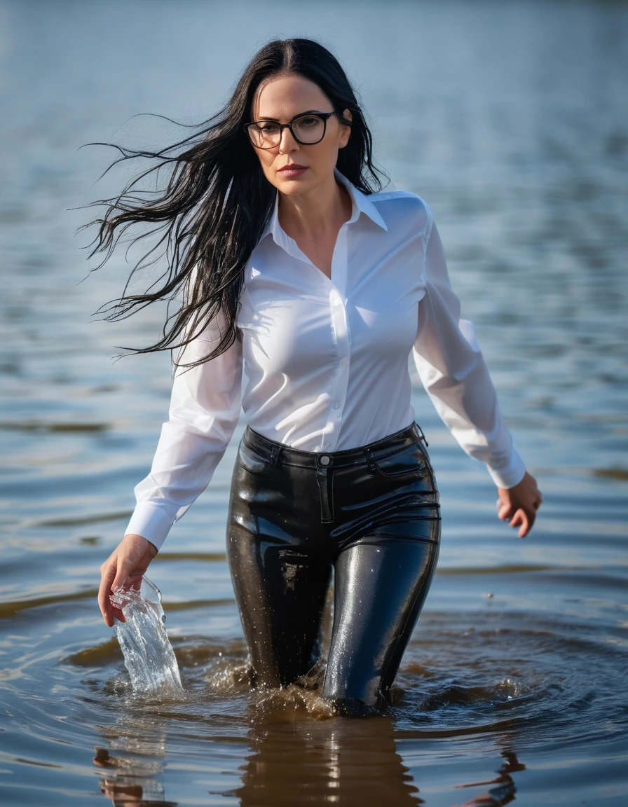 photo of young woman, in soaking wet, drenched clothes,
office shoes , long black latex jeans, white latex shirt with long sleeves, walking submerged in sunny deep lake, 
enjoying, wet clothes stuck to body,
detailed textures of the wet clothes, wet face, wet plastered hair,
wet, drenched, professional, high-quality details, full body view.
sharp focus, ultra-high pixel detail, realistic, high-quality, full colors, incredibly detailed, 4k, 8k, 16k, hyper-realistic, RAW photo, masterpiece, ultra-detailed, professionally color graded, professional photograph, woman 51 years old, long black hair, very big and thick lips, office glasses, complete body, open mouth, hands in the air, dry skin, dry clothes, dry fabric