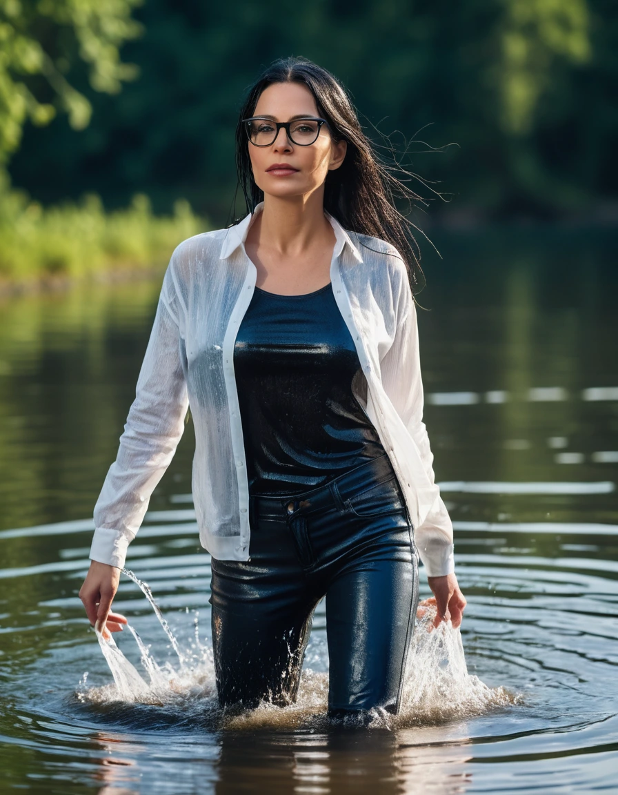 photo of young woman, in soaking wet, drenched clothes,
office shoes , long blue leather jeans, black tank top, white sweater, walking submerged in sunny deep lake, 
enjoying, wet clothes stuck to body,
detailed textures of the wet clothes, wet face, wet plastered hair,
wet, drenched, professional, high-quality details, full body view.
sharp focus, ultra-high pixel detail, realistic, high-quality, full colors, incredibly detailed, 4k, 8k, 16k, hyper-realistic, RAW photo, masterpiece, ultra-detailed, professionally color graded, professional photograph, woman 51 years old, long black hair, very big and thick lips, office glasses, complete body, dry skin, dry clothes, dry fabric