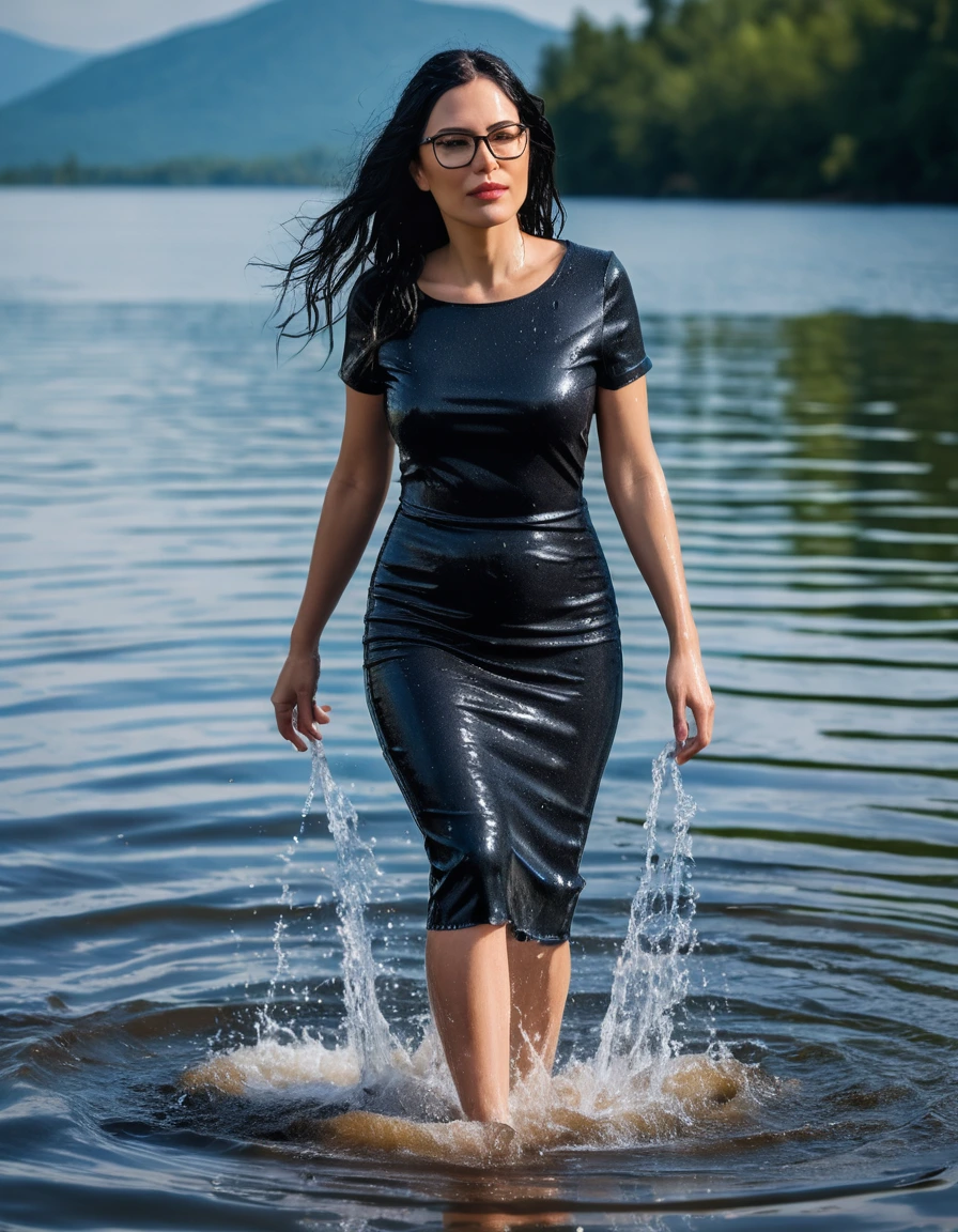 photo of young woman, in soaking wet, drenched clothes,
office shoes , long tight blue jeans, black t-shirt dress with short sleeves, walking in sunny deep lake, 
enjoying, wet clothes stuck to body,
detailed textures of the wet clothes, wet face, wet plastered hair,
wet, drenched, professional, high-quality details, full body view.
sharp focus, ultra-high pixel detail, realistic, high-quality, full colors, incredibly detailed, 4k, 8k, 16k, hyper-realistic, RAW photo, masterpiece, ultra-detailed, professionally color graded, professional photograph, woman 51 years old, long black hair, very big and thick lips, office glasses, complete body, open mouth, hands in the air, dry skin, dry clothes, dry fabric