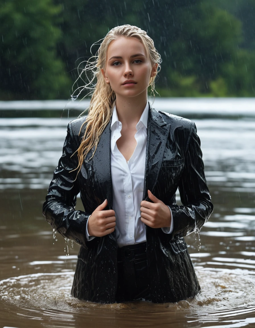 photo of young woman, in soaking wet, drenched clothes,
Black Long Business Trouser, Black Business Suit Jacket with white button down business shirt longsleeve, Clear Mountain lake with heavy rain, 
enjoying, wet clothes stuck to body,
detailed textures of the wet clothes, wet face, wet plastered hair,
wet, drenched, professional, high-quality details, full body view.
sharp focus, ultra-high pixel detail, realistic, high-quality, full colors, incredibly detailed, 4k, 8k, 16k, hyper-realistic, RAW photo, masterpiece, ultra-detailed, professionally color graded, professional photograph, young elegant beautiful white Blonde women, breast deep submerged, under a big rainshower, fully clothed, completely soaked, fully drenched, completely wet, wetlook, heavy rain, side parting, long hair, rain storm, looks confidently into camera, dry skin, dry clothes, dry fabric