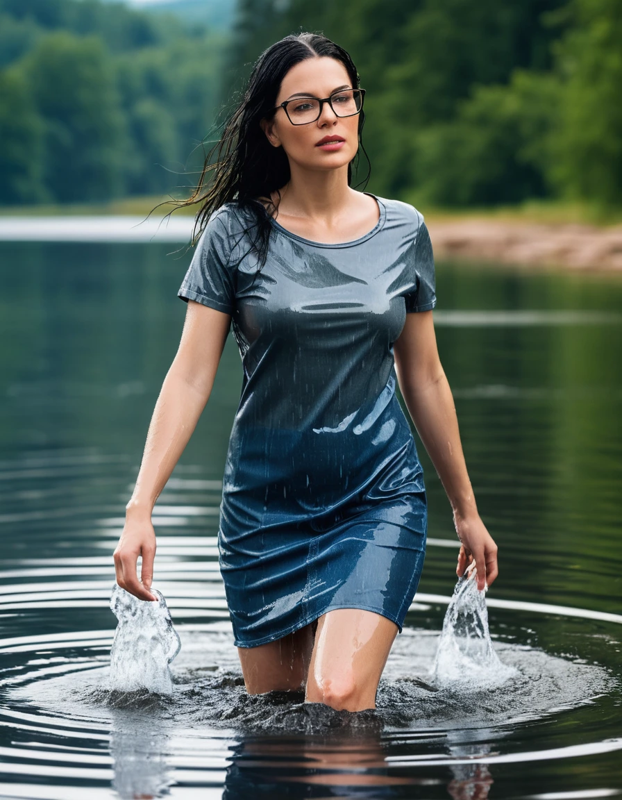 photo of young woman, in soaking wet, drenched clothes,
office shoes , long tight blue jeans, gray t-shirt dress with short sleeves, walking submerged in sunny deep lake, 
enjoying, wet clothes stuck to body,
detailed textures of the wet clothes, wet face, wet plastered hair,
wet, drenched, professional, high-quality details, full body view.
sharp focus, ultra-high pixel detail, realistic, high-quality, full colors, incredibly detailed, 4k, 8k, 16k, hyper-realistic, RAW photo, masterpiece, ultra-detailed, professionally color graded, professional photograph, woman 51 years old, long black hair, very big and thick lips, office glasses, complete body, open mouth,, dry skin, dry clothes, dry fabric