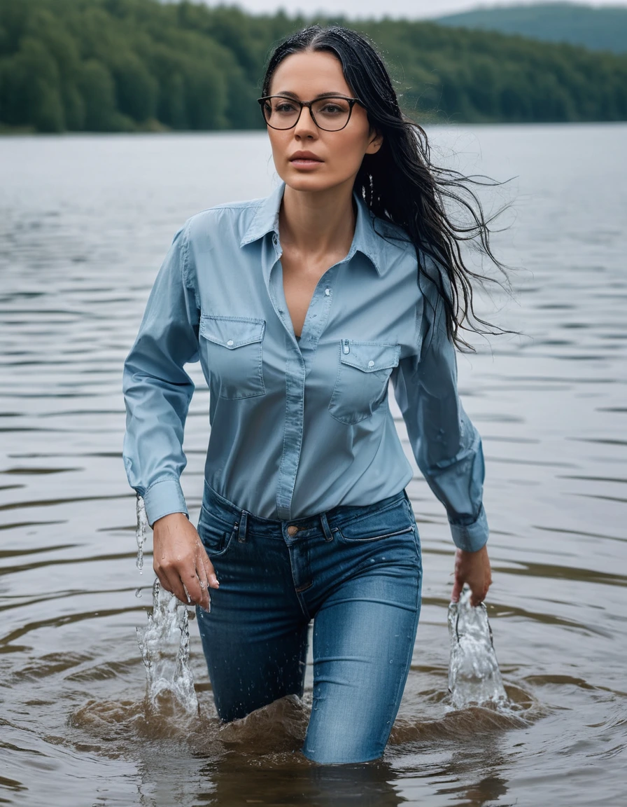 photo of young woman, in soaking wet, drenched clothes,
office shoes , wet long light blue jeans shinning, wet light blue jeans shirt with long sleeves shinning, walking submerged in sunny deep lake, 
enjoying, wet clothes stuck to body,
detailed textures of the wet clothes, wet face, wet plastered hair,
wet, drenched, professional, high-quality details, full body view.
sharp focus, ultra-high pixel detail, realistic, high-quality, full colors, incredibly detailed, 4k, 8k, 16k, hyper-realistic, RAW photo, masterpiece, ultra-detailed, professionally color graded, professional photograph, woman 51 years old, long black hair, very big and thick lips, office glasses, complete body, open mouth,, dry skin, dry clothes, dry fabric