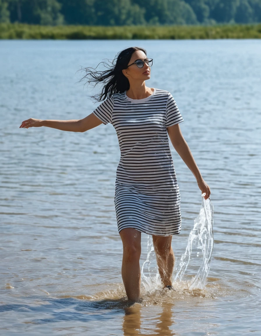 photo of young woman, in soaking wet, drenched clothes,
office shoes , white & black striped t-shirt dress with short sleeves, white & DARK GREEN striped t-shirt dress with short sleeves, walking in sunny deep lake, 
enjoying, wet clothes stuck to body,
detailed textures of the wet clothes, wet face, wet plastered hair,
wet, drenched, professional, high-quality details, full body view.
sharp focus, ultra-high pixel detail, realistic, high-quality, full colors, incredibly detailed, 4k, 8k, 16k, hyper-realistic, RAW photo, masterpiece, ultra-detailed, professionally color graded, professional photograph, woman 51 years old, long black hair, very big and thick lips, office glasses, complete body, open mouth, hands in the air, dry skin, dry clothes, dry fabric, dry skin, dry clothes, dry fabric, dry skin, dry clothes, dry fabric