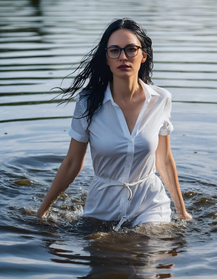 photo of young woman, in soaking wet, drenched clothes,
office shoes , long tight blue jeans, white t-shirt dress with short sleeves, walking submerged in sunny deep lake, 
enjoying, wet clothes stuck to body,
detailed textures of the wet clothes, wet face, wet plastered hair,
wet, drenched, professional, high-quality details, full body view.
sharp focus, ultra-high pixel detail, realistic, high-quality, full colors, incredibly detailed, 4k, 8k, 16k, hyper-realistic, RAW photo, masterpiece, ultra-detailed, professionally color graded, professional photograph, woman 51 years old, long black hair, very big and thick lips, office glasses, complete body, open mouth,, dry skin, dry clothes, dry fabric
