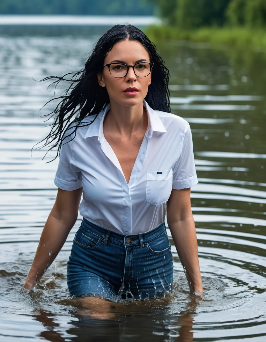photo of young woman, in soaking wet, drenched clothes,
office shoes , long tight blue jeans, white t-shirt dress with short sleeves, walking submerged in sunny deep lake, 
enjoying, wet clothes stuck to body,
detailed textures of the wet clothes, wet face, wet plastered hair,
wet, drenched, professional, high-quality details, full body view.
sharp focus, ultra-high pixel detail, realistic, high-quality, full colors, incredibly detailed, 4k, 8k, 16k, hyper-realistic, RAW photo, masterpiece, ultra-detailed, professionally color graded, professional photograph, woman 51 years old, long black hair, very big and thick lips, office glasses, complete body, open mouth,, dry skin, dry clothes, dry fabric