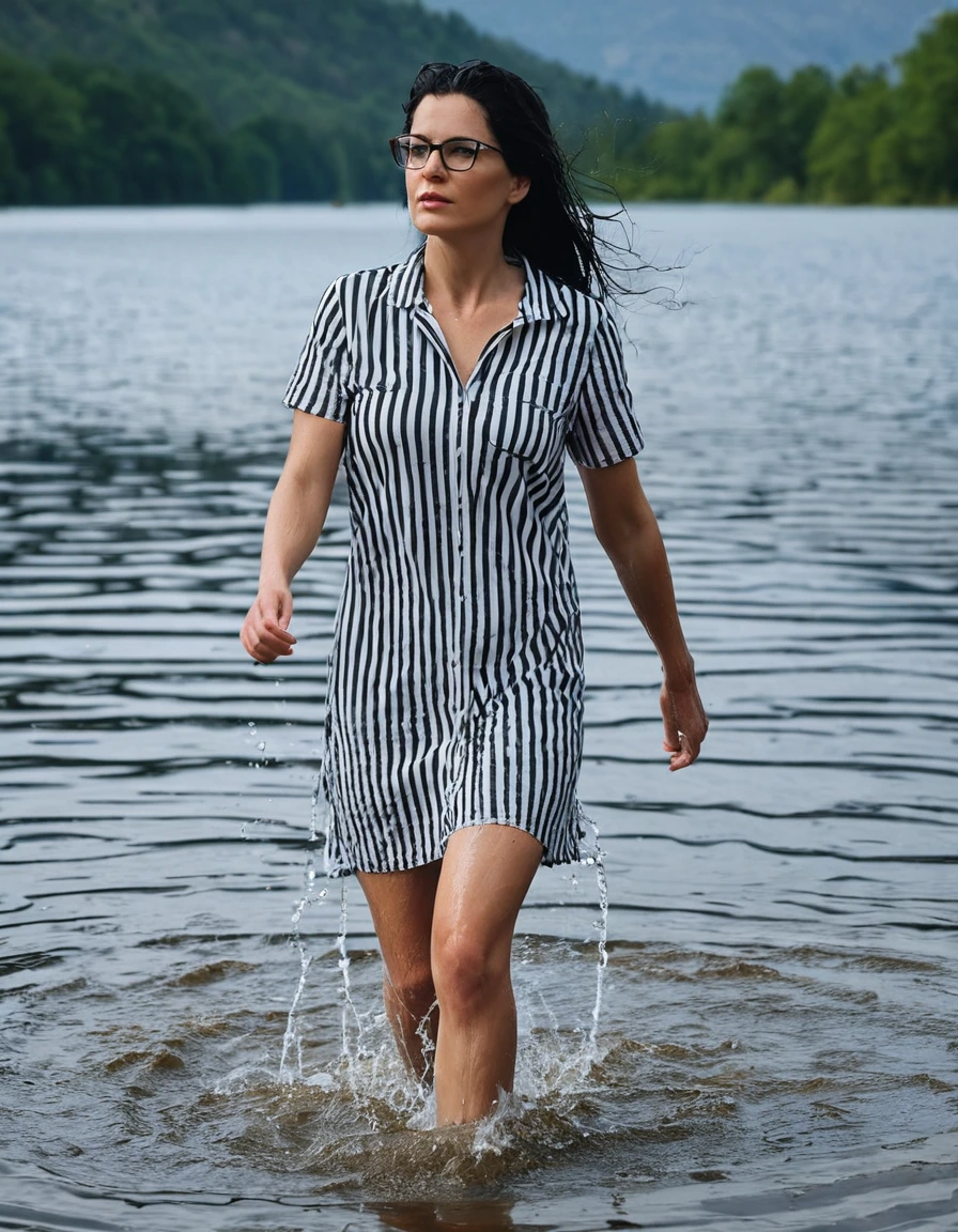 photo of young woman, in soaking wet, drenched clothes,
office shoes , white & black striped t-shirt dress with short sleeves, white & black striped t-shirt dress with short sleeves, walking in sunny deep lake, 
enjoying, wet clothes stuck to body,
detailed textures of the wet clothes, wet face, wet plastered hair,
wet, drenched, professional, high-quality details, full body view.
sharp focus, ultra-high pixel detail, realistic, high-quality, full colors, incredibly detailed, 4k, 8k, 16k, hyper-realistic, RAW photo, masterpiece, ultra-detailed, professionally color graded, professional photograph, woman 51 years old, long black hair, very big and thick lips, office glasses, complete body, open mouth, hands in the air, dry skin, dry clothes, dry fabric, dry skin, dry clothes, dry fabric, dry skin, dry clothes, dry fabric, dry skin, dry clothes, dry fabric
