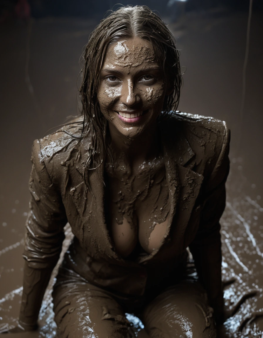 photo of young woman, in soaking wet, drenched clothes,
Muddy high heels, Long very muddy suit pants, Full muddy ruined fully-opened unbuttoned sexy blazer like a fancy uniform over topless with super sexy cleavage and exposed huge saggy boobs., Dark muddy indoor disco club at night. Deep mud on the floor, mud splashed walls, dripping mud from above, very dark mood lighting with pink and blue neon lights from above. Muddy chairs and sofas in the background. , 
enjoying, wet clothes stuck to body,
detailed textures of the wet clothes, wet face, wet plastered hair,
wet, drenched, professional, high-quality details, full body view.
sharp focus, ultra-high pixel detail, realistic, high-quality, full colors, incredibly detailed, 4k, 8k, 16k, hyper-realistic, RAW photo, masterpiece, ultra-detailed, professionally color graded, professional photograph, Three stunning blonde 60 years old beautiful gleaming grannies are wallowing together in the deep muddy pool after a full dip in it and holding a glass of champagne in their hands during the crazy muddy indoor disco party at night and posing for a professional photo. They are proudly wearing their fully and heavily mud-covered unbuttoned and opened sexy suits which fully exposing their large sexy and saggy muddy boobs. Focus on the large muddy cleavages of the blazers and on the bravely displayed large muddy heavy saggy boobs. Every small details of the clothes are muddy, muddy beautiful faces, muddy chests and boobs. Their blazer has the same colour as their muddy pants. The classy elegant disco club is totally destroyed by mud, mud spots everywhere, mud flows down on the walls, mud on the furnitures in the background. Straight muddy very long open wavy hairstyle, muddy hair, smiling and satisfied beautiful muddy faces, blue eyes, necklaces, earrings, lipstick. The women are enjoying to being total muddy in the muddy pool, being sexy, naughty while they are enjoying the muddy fetish party. Realistic muddy boobs and photorealistic detailed smiling facial expressions. Intimate close-up picture about the women. Close-up photo from front view, highly realistic representation, ultra sharp focus, highly photorealistic detailed textures, highly photorealistic detailed facial features and expressions, highly photorealistic hands, highly emotional reactions, highly best quality, highly sharp photorealistic image, highly photorealistic details, full UHD resolution, 32 K, very high level of detail and image sharpness, zoomed in, dry skin, dry clothes, dry fabric, dry skin, dry clothes, dry fabric, dry skin, dry clothes, dry fabric, dry skin, dry clothes, dry fabric, dry skin, dry clothes, dry fabric, dry skin, dry clothes, dry fabric