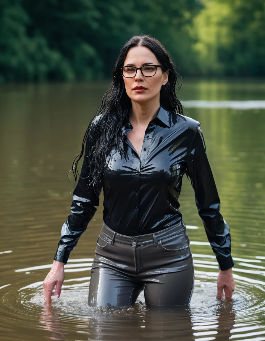photo of young woman, in soaking wet, drenched clothes,
office shoes , long gray latex jeans, black latex shirt with long sleeves, walking submerged in sunny deep lake, 
enjoying, wet clothes stuck to body,
detailed textures of the wet clothes, wet face, wet plastered hair,
wet, drenched, professional, high-quality details, full body view.
sharp focus, ultra-high pixel detail, realistic, high-quality, full colors, incredibly detailed, 4k, 8k, 16k, hyper-realistic, RAW photo, masterpiece, ultra-detailed, professionally color graded, professional photograph, woman 51 years old, long black hair, very big and thick lips, office glasses, complete body, open mouth, hands in the air, dry skin, dry clothes, dry fabric