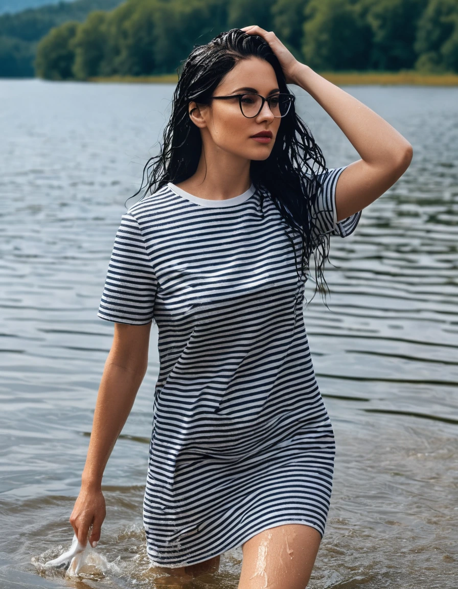photo of young woman, in soaking wet, drenched clothes,
office shoes , white & black striped t-shirt dress with short sleeves, white & DARK BLUE striped t-shirt dress with short sleeves, walking in sunny deep lake, 
enjoying, wet clothes stuck to body,
detailed textures of the wet clothes, wet face, wet plastered hair,
wet, drenched, professional, high-quality details, full body view.
sharp focus, ultra-high pixel detail, realistic, high-quality, full colors, incredibly detailed, 4k, 8k, 16k, hyper-realistic, RAW photo, masterpiece, ultra-detailed, professionally color graded, professional photograph, woman 51 years old, long black hair, very big and thick lips, office glasses, complete body, open mouth, hands in the air, dry skin, dry clothes, dry fabric, dry skin, dry clothes, dry fabric, dry skin, dry clothes, dry fabric, dry skin, dry clothes, dry fabric